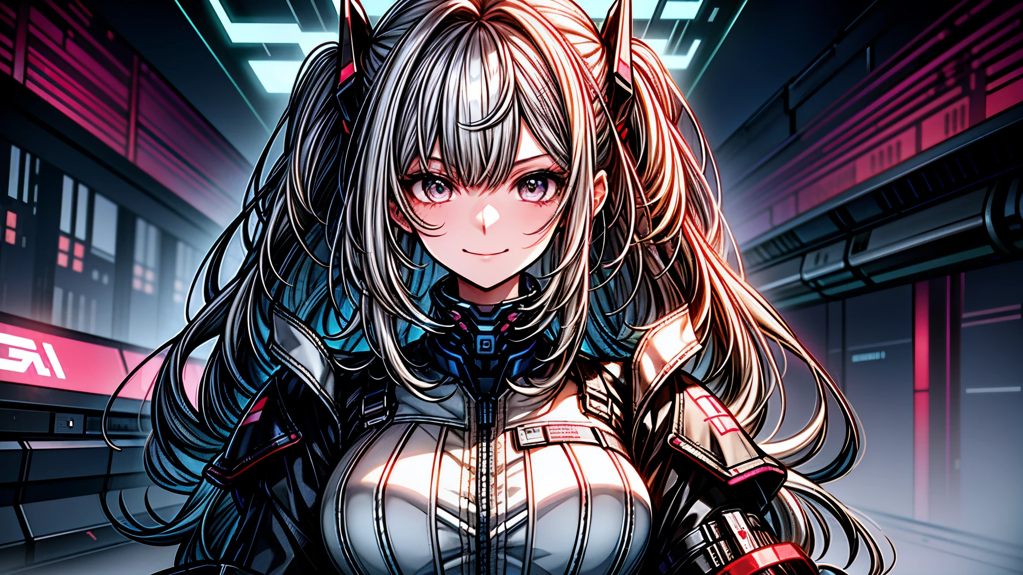 absurd resolution, high resolution, (mesa: 1.4), hiperdetalle, Silver-haired young woman dressed as a technician,Tono rojo de los ojos.、Ojos de tono morado sonrojados.、smiling expression, blue neon、Being in blue cyber space