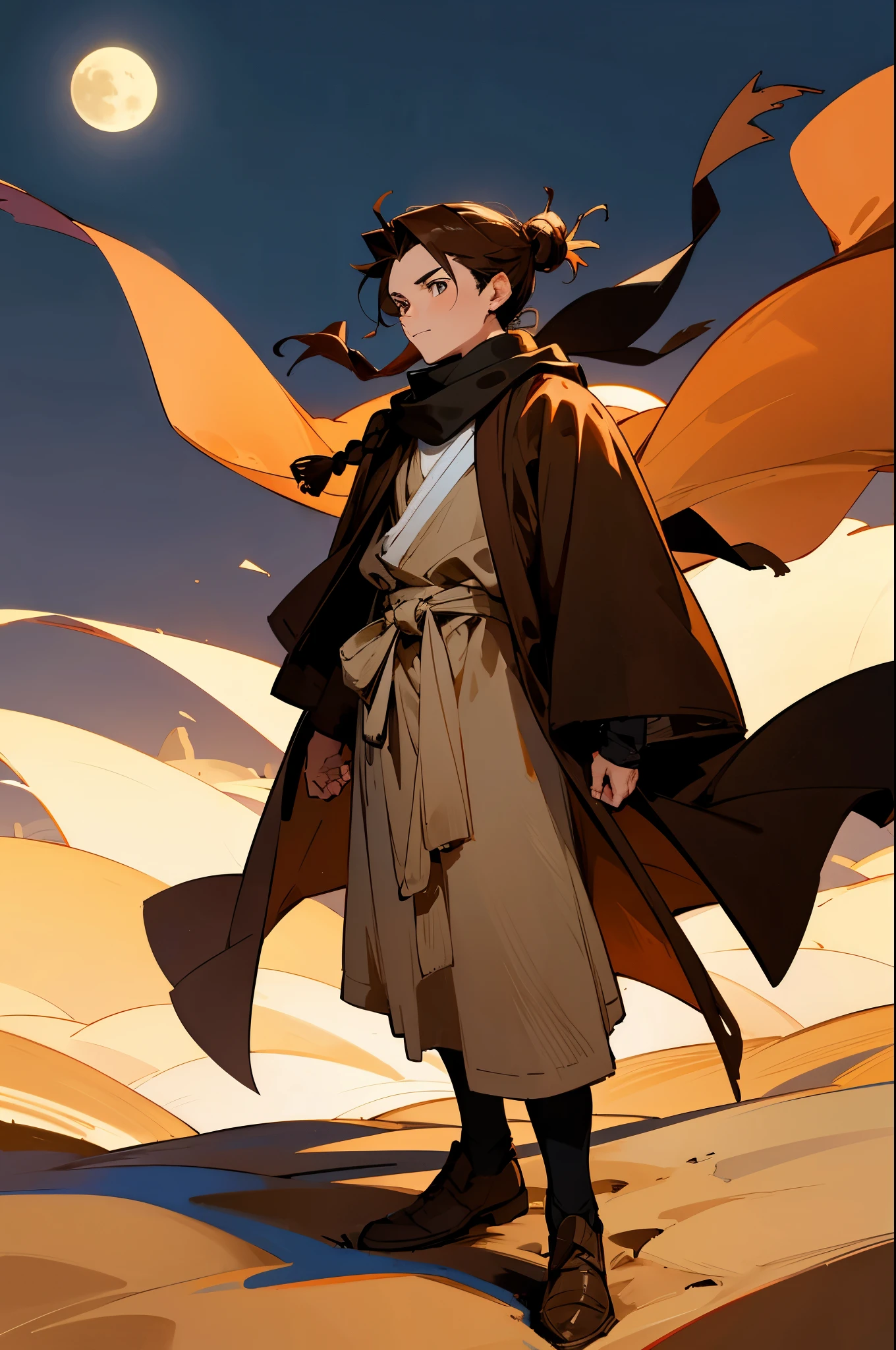 1male, , Brown Hair, Man Bun Hair, Hazel Eyes, Brown Cloak, Desert, standing on Path, moon, night time, black scarf flowing in the wind,