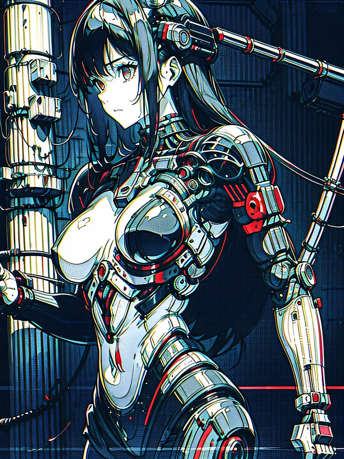 monochrome, greyscale, blood, cable, science fiction, cyberpunk, chromatic aberration, outdoors, detailed background, night, 1girl, beautiful, solo, bare shoulders, Seductive, nude, red light,