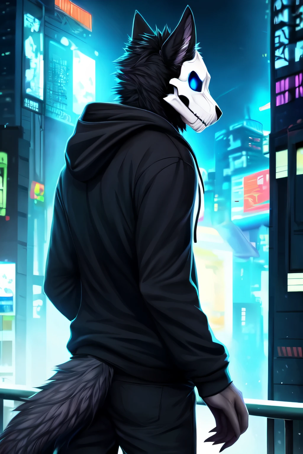 by angiewolf, hioshiru, skulldog, skull face, anthro, male, solo, clothing, gray fur, black clothing, hoodie, black topwear, lidded eyes, black hoodie, cyberpunk city background, black fur, white face. looking into distance, blue eyes, back view, fluffy black tail, pants, no teeth