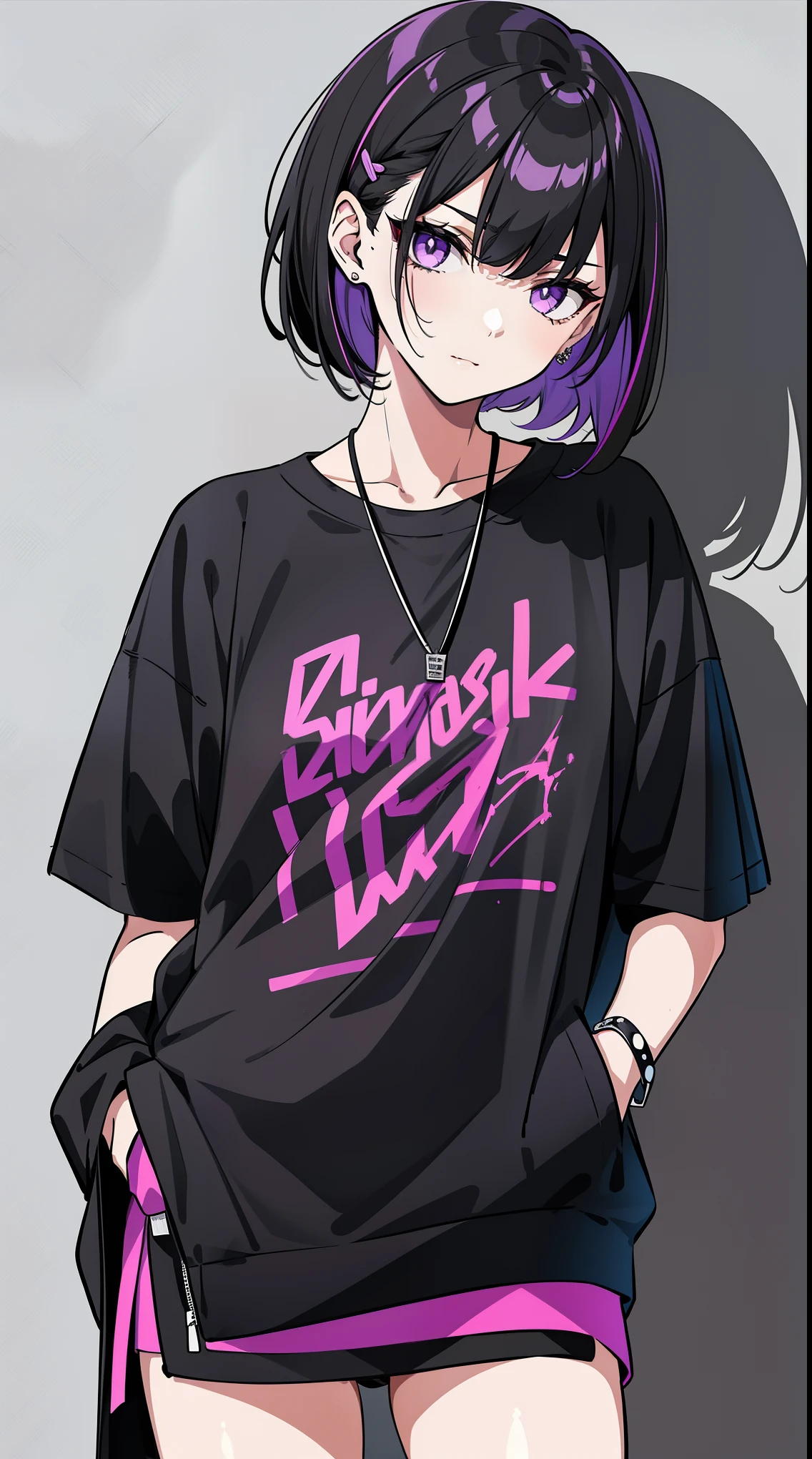 girl,portrait, black and purple, messy short hair, edgy accessories,sporty style, casual t-shirt, confident gaze, monochrome color scheme, looking to the side, chic street fashion, casual hands in pockets pose,head,((a person)),Hairpin