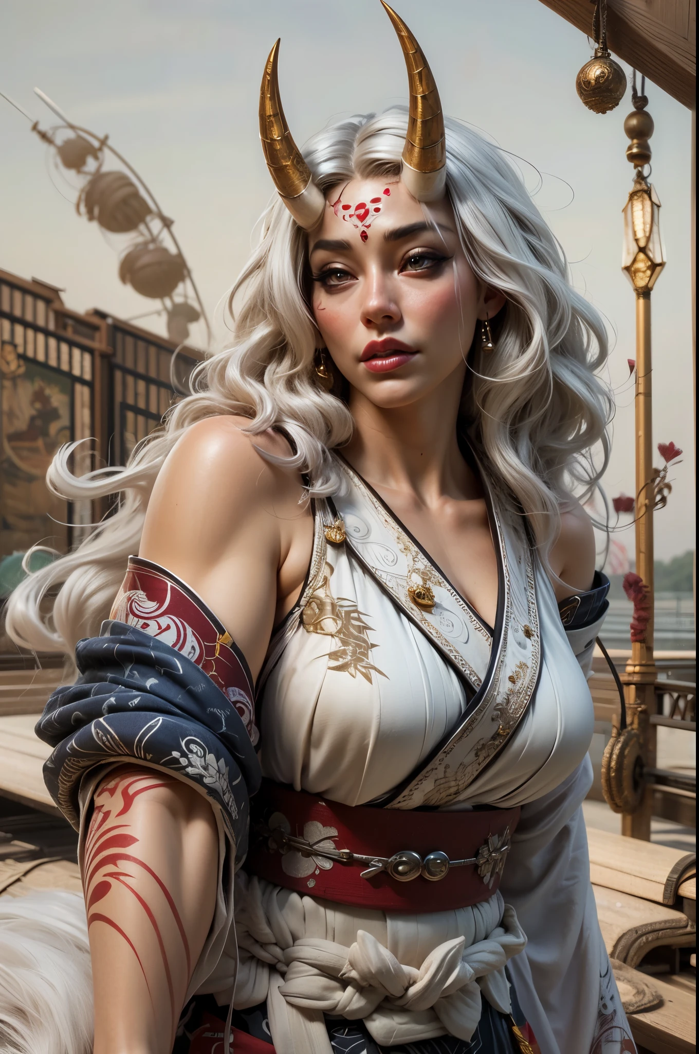 beautiful asian oni female warrior, wearing short fall off shoulders kimono , with thick curvy mature body yet muscular, long and voluminous white hair blown by the wind, 2 long oni horns, reddish fair skin , perfect face features expressive eyes , thick lips,