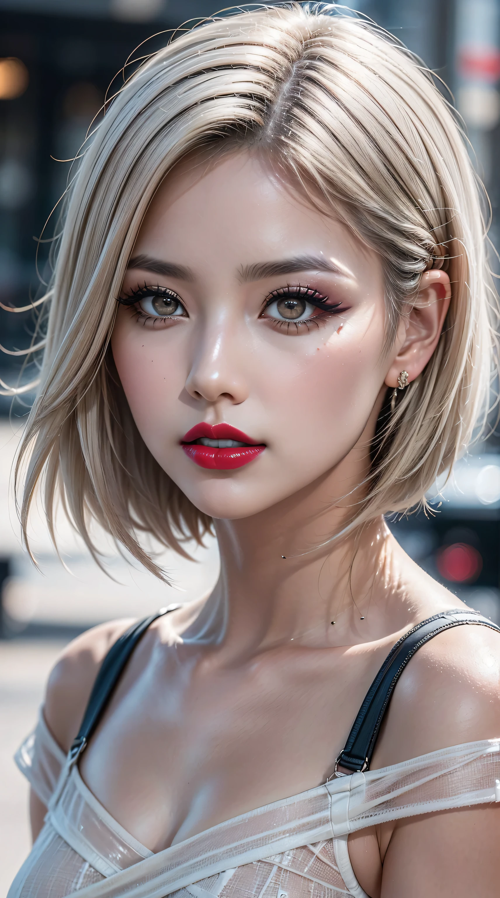 ((perfect round eyes))、dressed, (details of a very beautiful face)(best quality:1.4)16k resolution,(photo realistic:1.65), (realistic:1.65), (smoother lighting:1.05), (increase cinematic lighting quality:0.2), 16k, (1girl:1.4) 21years old、fashion supermodel、realistic lighting, backlighting, light on face, ray trace, (brightening light:1.1), (Increase quality:1.3), (best quality real texture skin:1.2), (ultra detailed eyes), finely detailed face, ((finely quality eyes)), (tired and sleepy and satisfied:0.0), (face closeup:1.1), (detailed lips:1.33)、(Detailed nose:1.2)、(Increase body line mood:1.1), (Increase skin texture beauty:1.3), (small head: 1.4)、(slim face), ((anatomically correct)), pink_makeup:1.3, long_blue_eyeliner:1.35, (red_lipstick:1.32), perfect dark_eyeshadows:1.35, there a close up of a woman's, (super detailed makeup on eyes:1.3), iridescent eyes, with professional makeup, vibrant eyes:1.2, ((Glamour, paparazzi taking pictures of her), (very complicated Extravagant street outfit), The attention to detail, Double eyelids, Wear an off-the-shoulder top, full bodyesbian，((White short hair:1.43)), ((brown_eyes:1.44)), contrast、 (dark shot:1.08)、 UHD, Extremely detailed, voluminetric warm lighting,