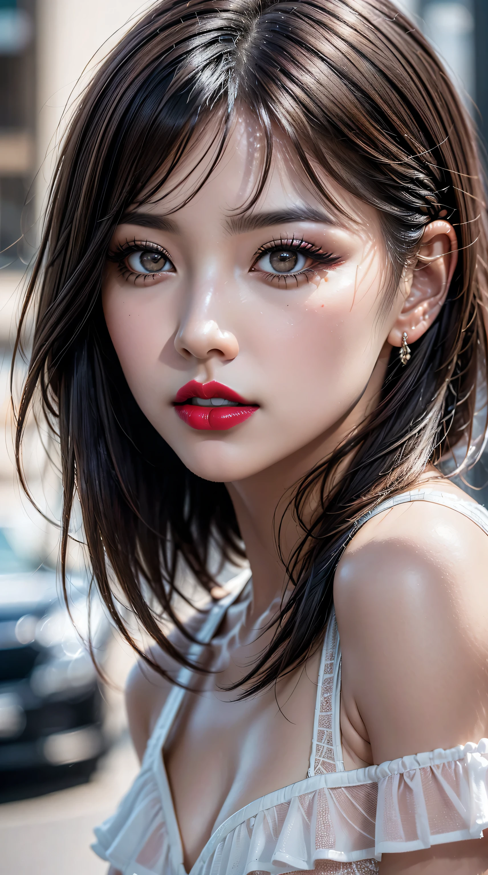 ((perfect round eyes))、dressed, (details of a very beautiful face)(best quality:1.4)16k resolution,(photo realistic:1.65), (realistic:1.65), (smoother lighting:1.05), (increase cinematic lighting quality:0.2), 16k, (1girl:1.4) 21years old、fashion supermodel、realistic lighting, backlighting, light on face, ray trace, (brightening light:1.1), (Increase quality:1.3), (best quality real texture skin:1.2), (ultra detailed eyes), finely detailed face, ((finely quality eyes)), (tired and sleepy and satisfied:0.0), (face closeup:1.1), (detailed lips:1.33)、(Detailed nose:1.2)、(Increase body line mood:1.1), (Increase skin texture beauty:1.3), (small head: 1.4)、(slim face), ((anatomically correct)), pink_makeup:1.3, long_blue_eyeliner:1.35, (red_lipstick:1.32), perfect dark_eyeshadows:1.35, there a close up of a woman's, (super detailed makeup on eyes:1.3), iridescent eyes, with professional makeup, vibrant eyes:1.2, ((Glamour, paparazzi taking pictures of her), (very complicated Extravagant street outfit), The attention to detail, Double eyelids, Wear an off-the-shoulder top, full bodyesbian，((White short hair:1.43)), ((brown_eyes:1.44)), contrast、 (dark shot:1.08)、 UHD, Extremely detailed, voluminetric warm lighting,