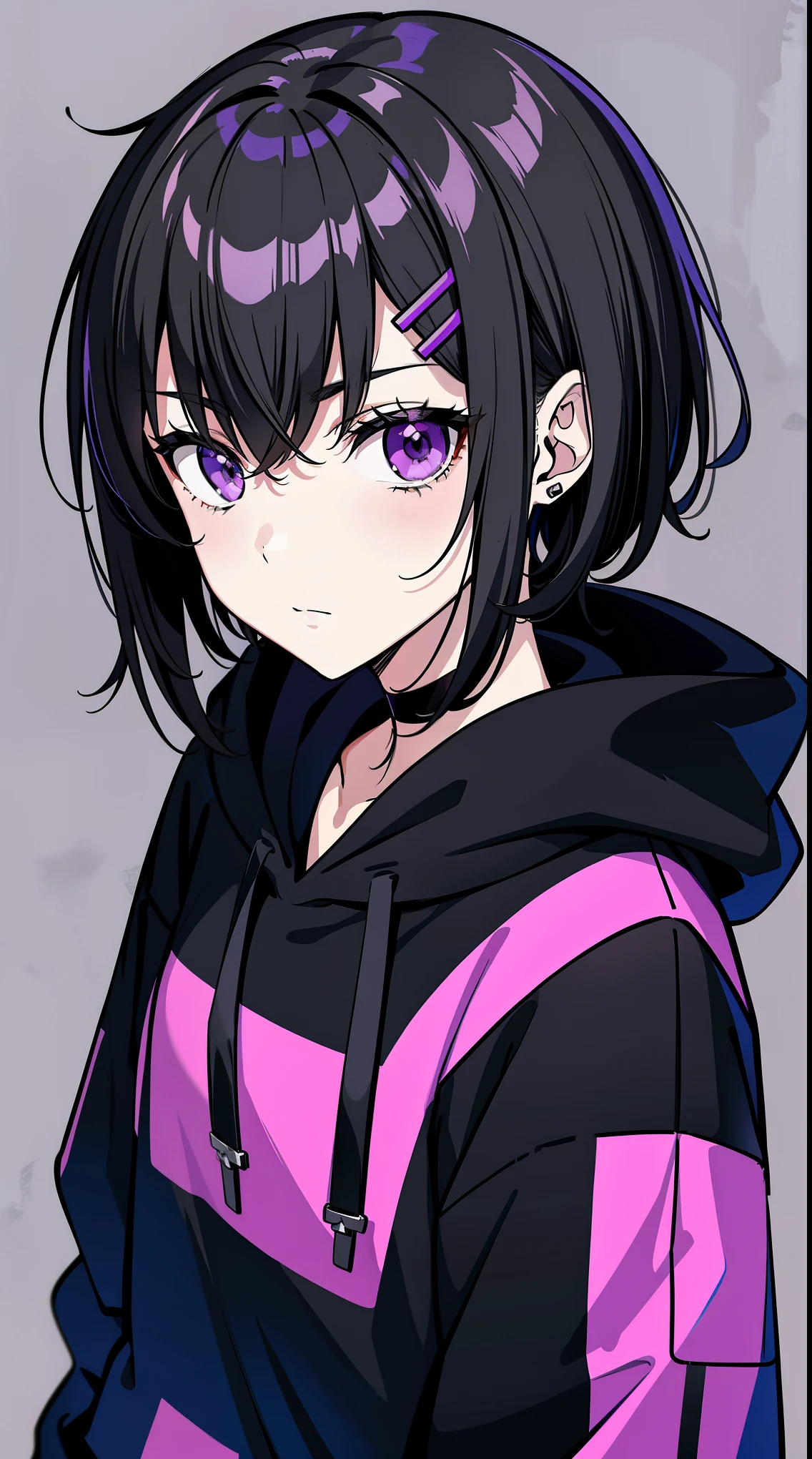 girl,portrait, black and purple, messy short hair, edgy accessories,sporty style, hoodie, confident gaze, monochrome color scheme, looking to the side, chic street fashion, shy pose,head,((a person)),Hairpin