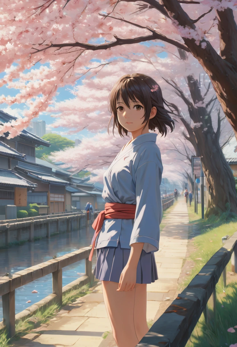 The Sakura Maiden, girl, by Makoto Shinkai and Makoto Niitsu style, best quality, masterpiece, Representative work, official art, Professional, Ultra intricate detailed, 8k