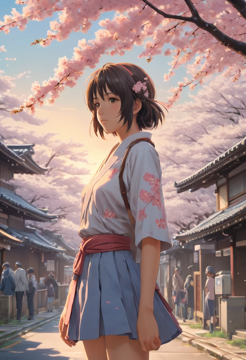 The Sakura Maiden, girl, by Makoto Shinkai and Makoto Niitsu style, best quality, masterpiece, Representative work, official art, Professional, Ultra intricate detailed, 8k