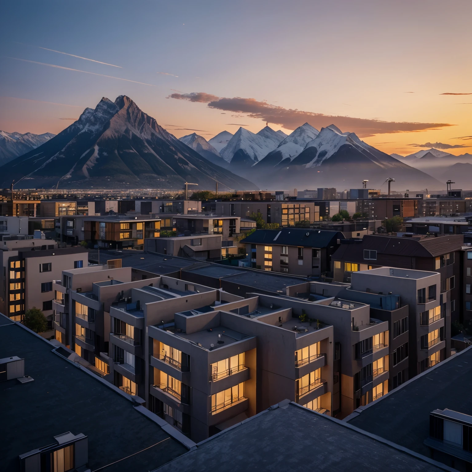 Future modern housing area built on the roof of one highest-rise building in the middle of a city surrounded by mountains at sunset.