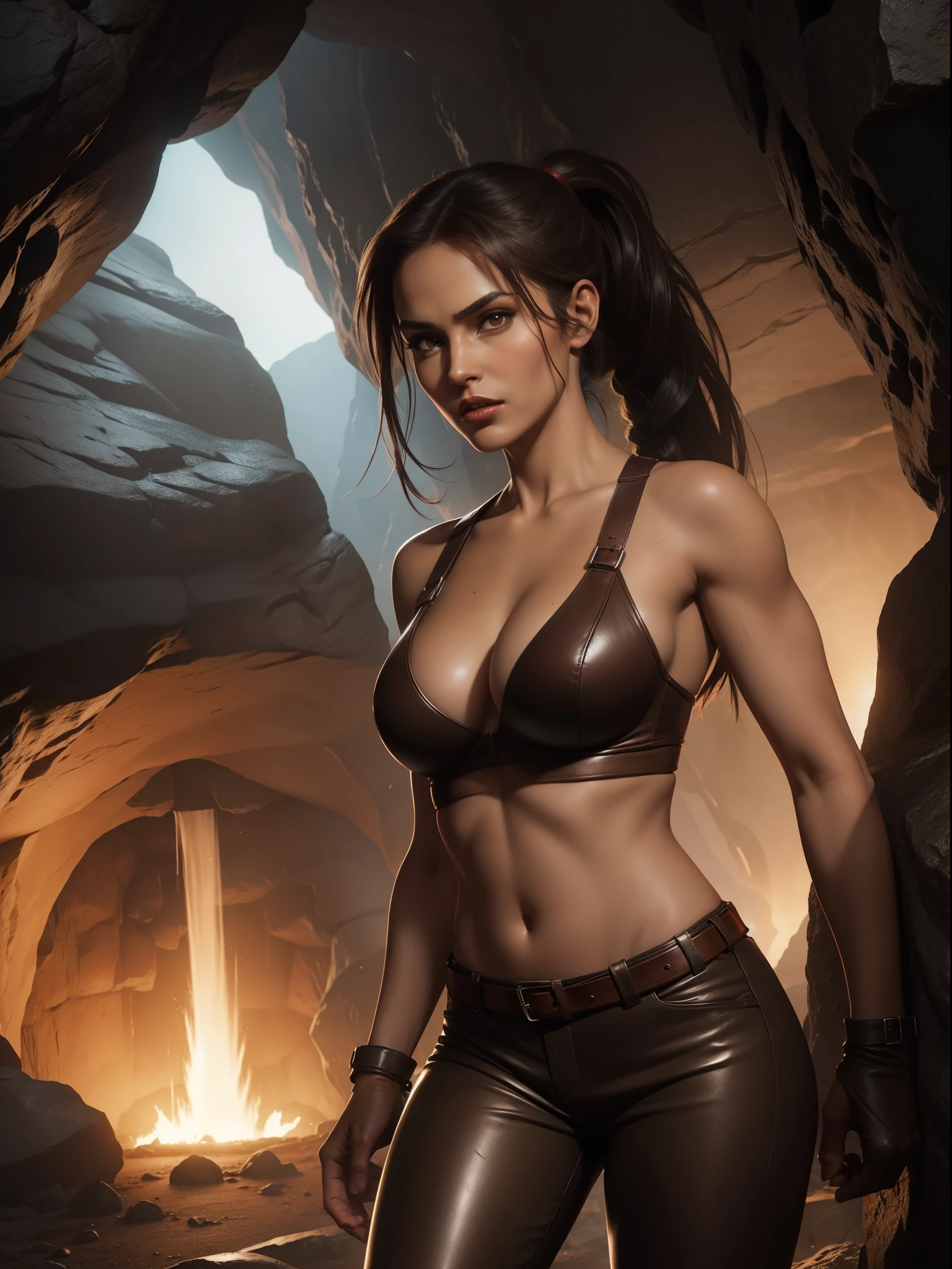 lara croft, long brown ponytail, brown eyes, high arched eyebrows, red lips, leather pants, leather bra deep in a cave, cinema style digital art