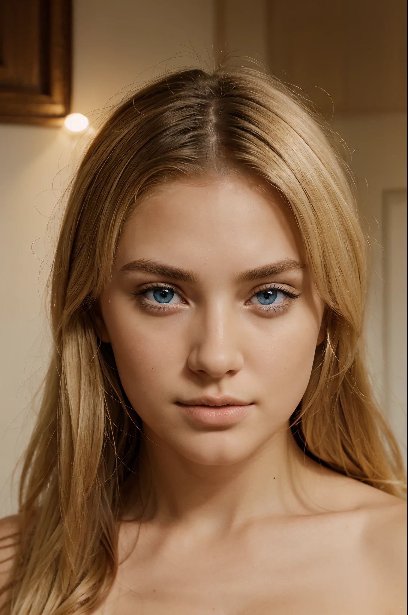 beautiful woman with white skin, blue eyes and blonde hair, symmetrical face with well-proportioned eyes, nose and mouth without clothes 