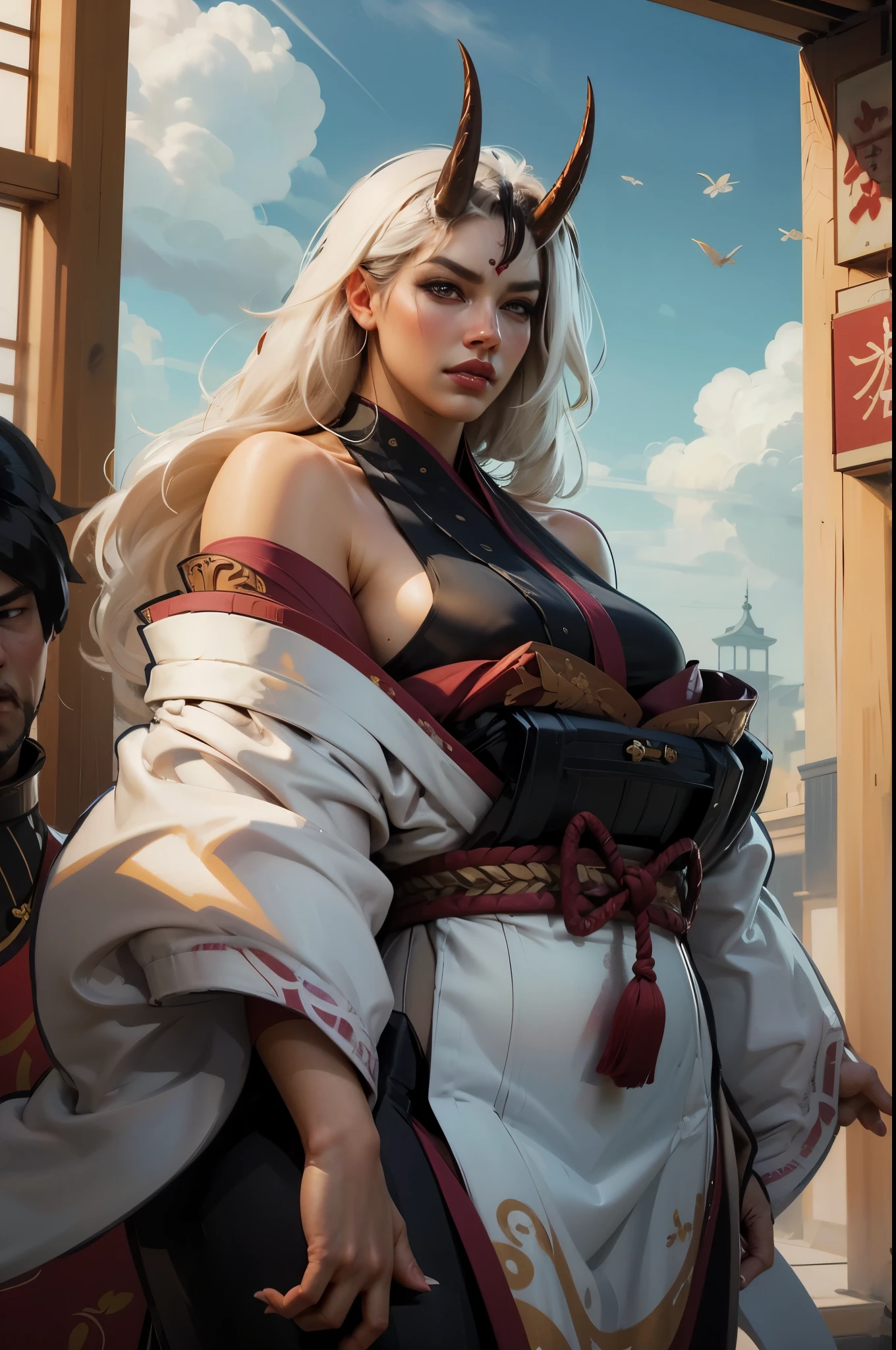 beautiful asian oni female warrior, wearing short fall off shoulders kimono ,((laide down)),  with thick curvy mature body yet muscular, long and voluminous white hair blown by the wind, 2 long oni horns, reddish fair skin , perfect face features expressive eyes , thick lips,