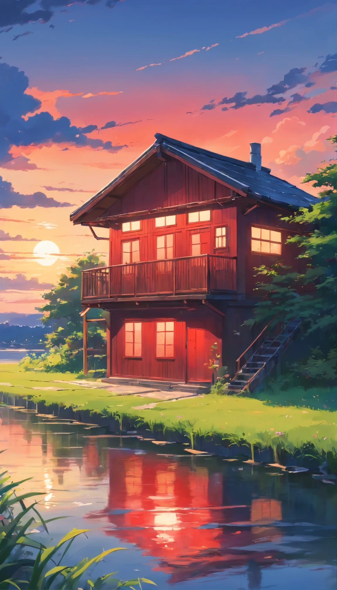 Detailed Acrylic painting of A river side wooden house which have sone red flag in rooftop with cover with green grass ,and a sunset time with the knife and brush detailed high strokes