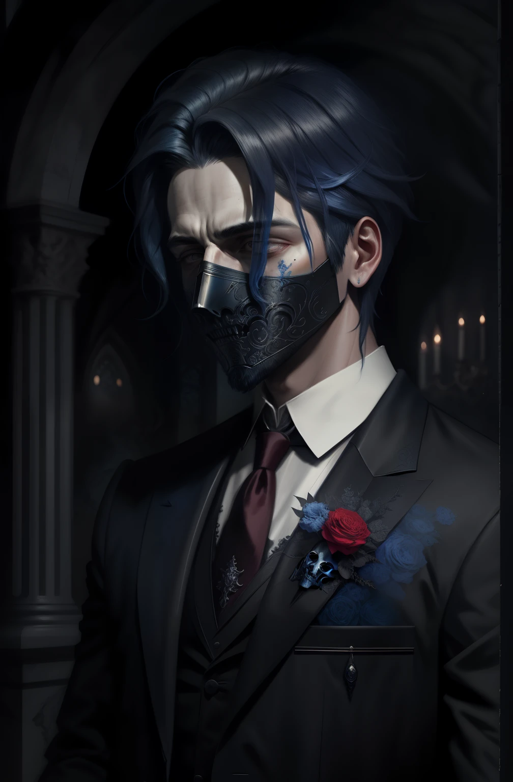 court, A handsome boy, Sad, blue shoulder-length hair, white full face theatrical mask, faceless, despair, romanticism, gothic art, Masterpiece, UHD, High detail, high quality