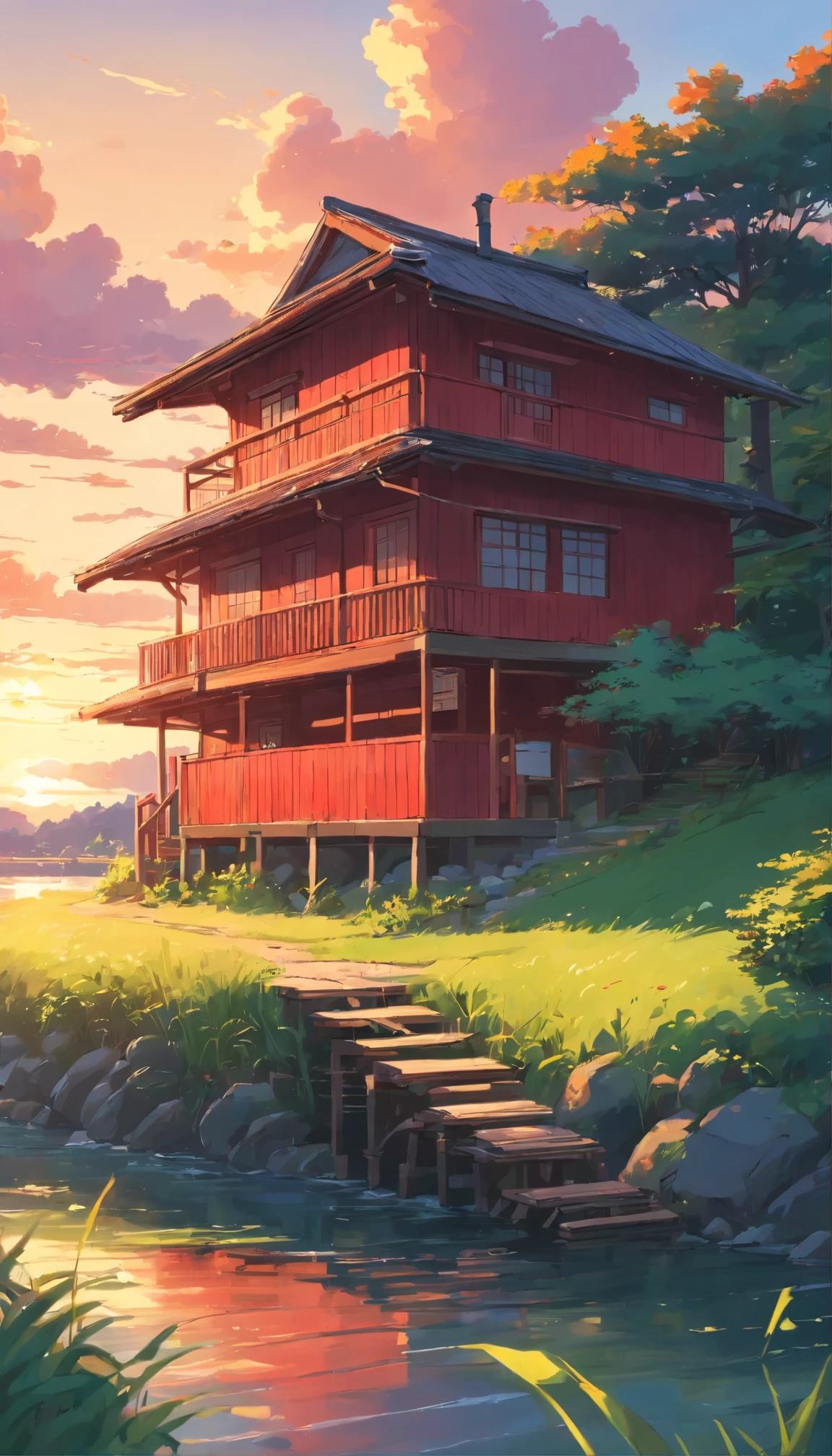 Detailed Acrylic painting of A river side wooden house which have sone red flag in rooftop with cover with green grass ,and a sunset time with the knife and brush detailed high strokes