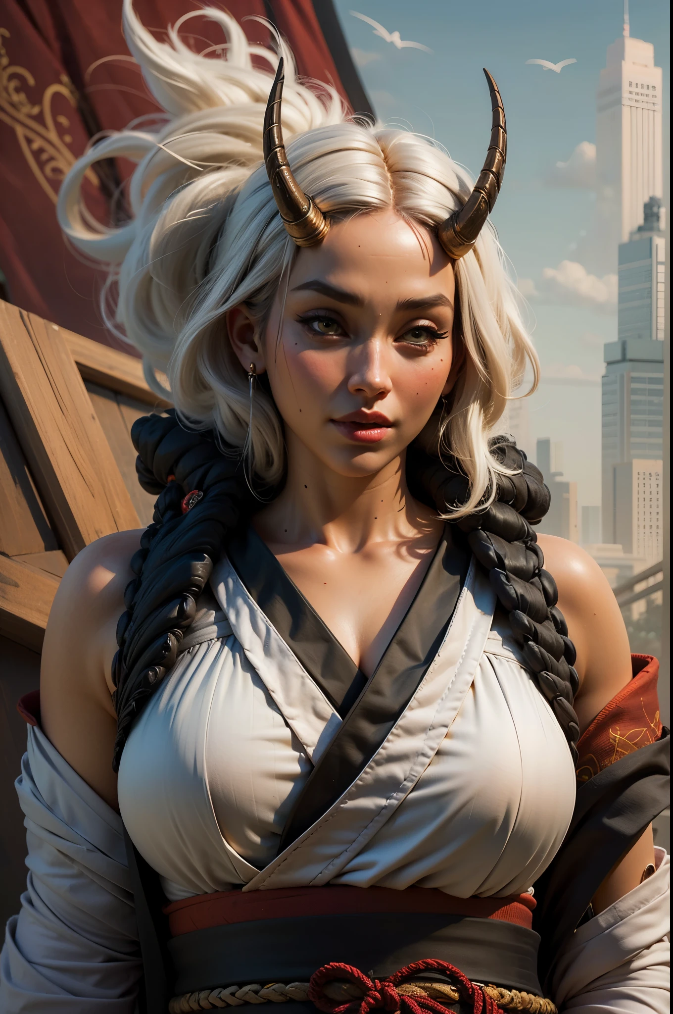 beautiful asian oni female warrior, wearing short fall off shoulders kimono ,((laide down)),  with thick curvy mature body yet muscular, long and voluminous white hair blown by the wind, 2 long oni horns, reddish fair skin , perfect face features expressive eyes , thick lips,