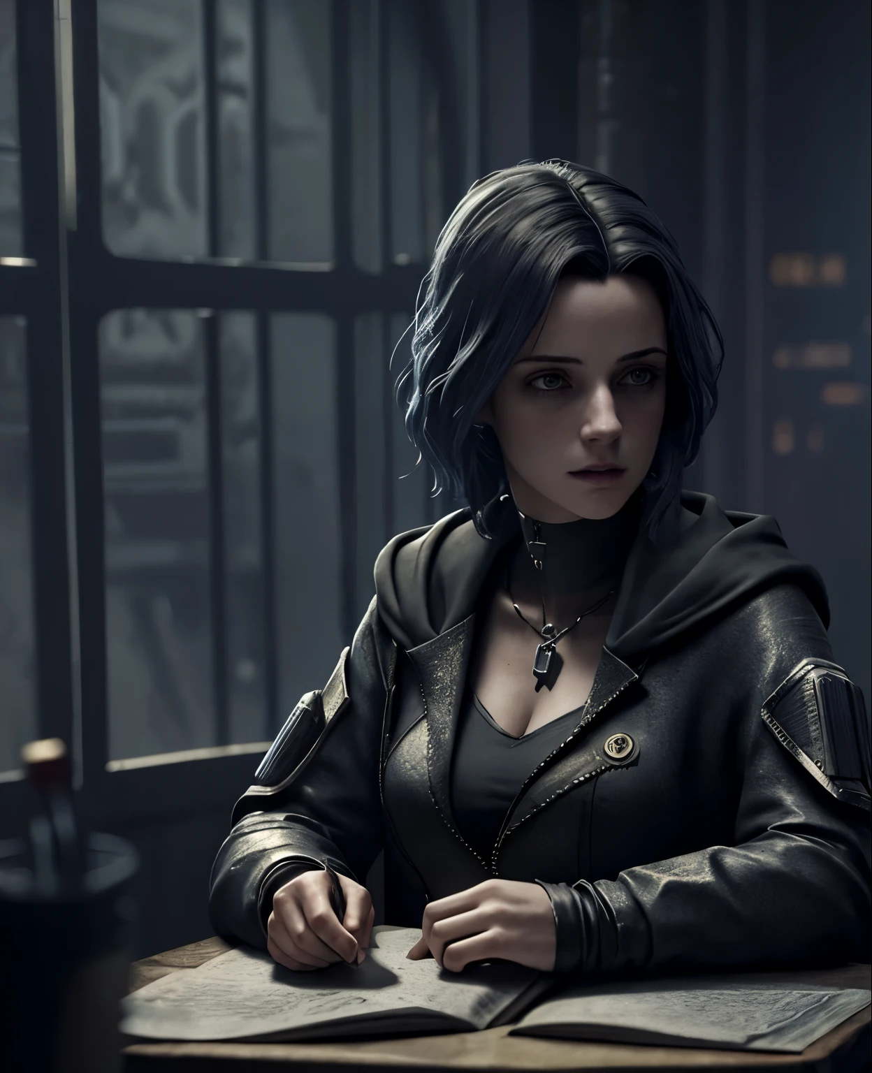 A Cyberpunk Female of Spain as a Hogwarts Character,masterpiece, best quality, photorealistic, cinematic lighting, dark atmosphere, volumetric lighting, young girl in classroom