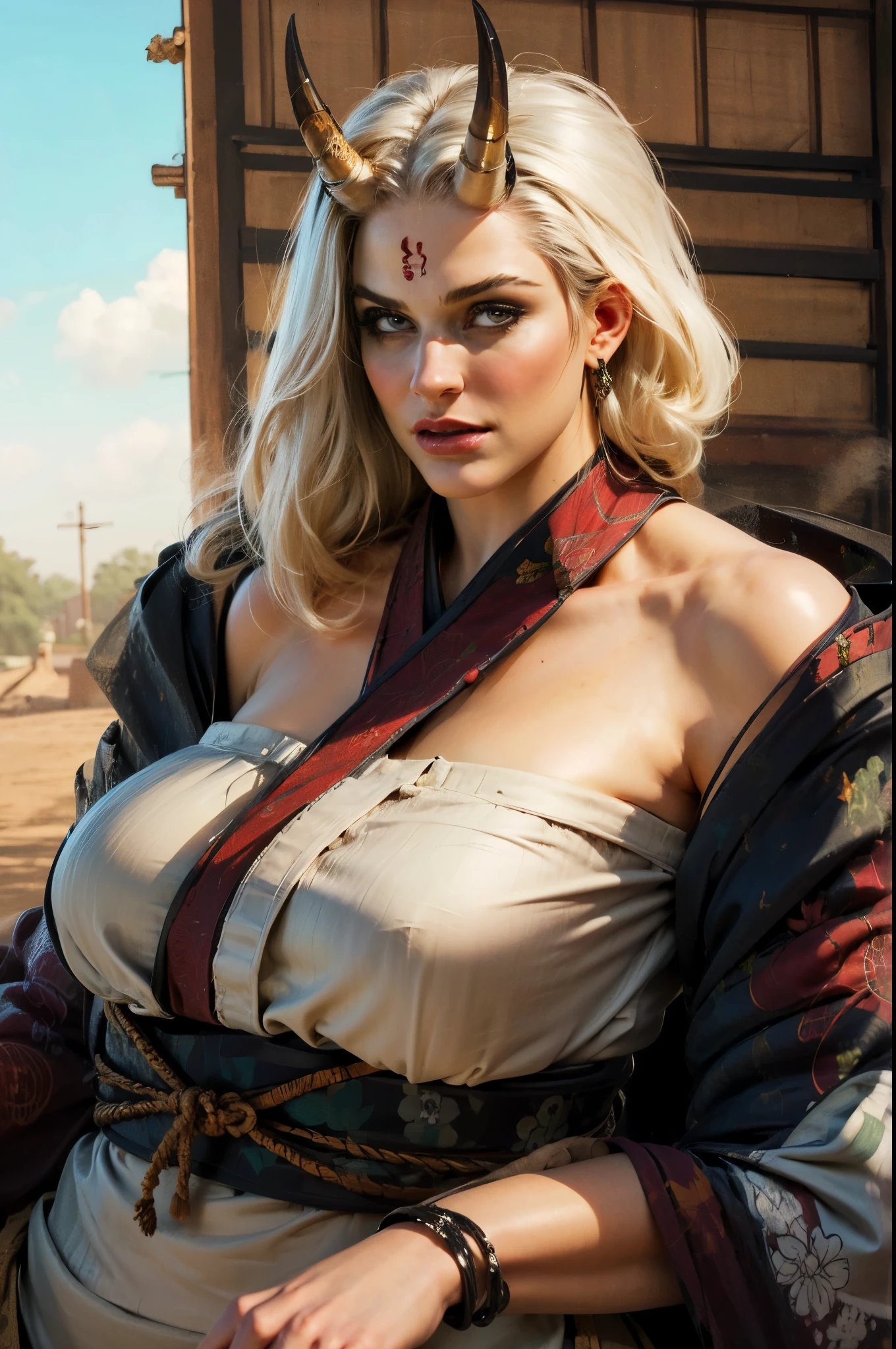 beautiful asian oni female warrior, wearing short fall off shoulders kimono ,((on stomach)), with thick curvy mature body yet muscular, long and voluminous white hair blown by the wind, 2 long oni horns, reddish fair skin , perfect face features expressive eyes , thick lips,