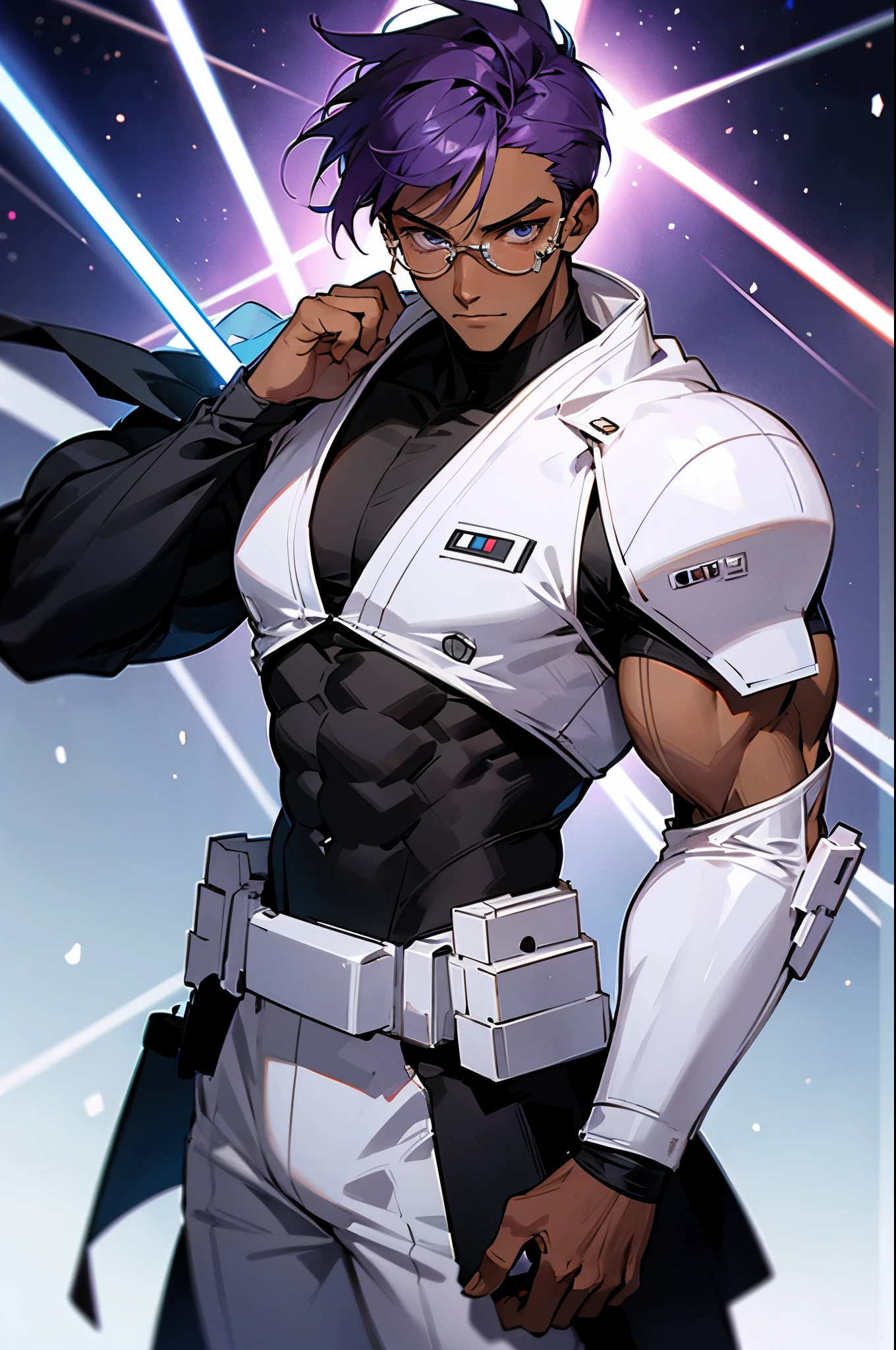 star wars, purple hair, black and white outfit, glasses, male, muscular, dark skin,