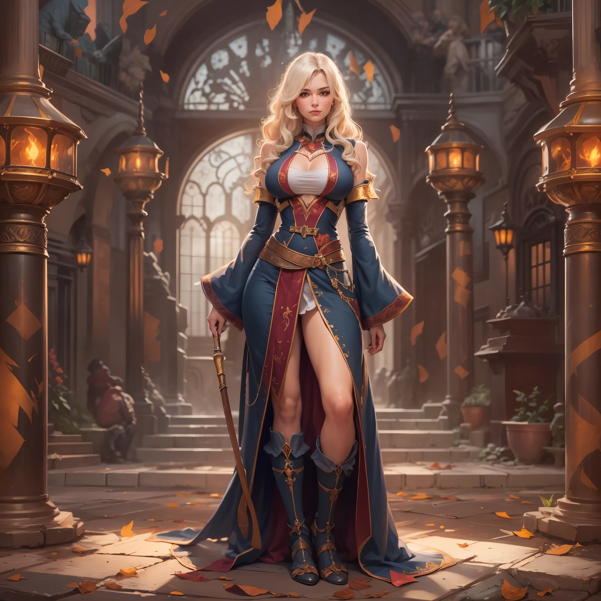 Masterpiece, highly detailed, insane resolution BREAK hot young woman, solo, European, long blonde wavy hair, fit, strong, lithe, big perky breasts BREAK medieval fantasy setting, intense, confident, slightly smiling BREAK badass mage outfit, magical academy background