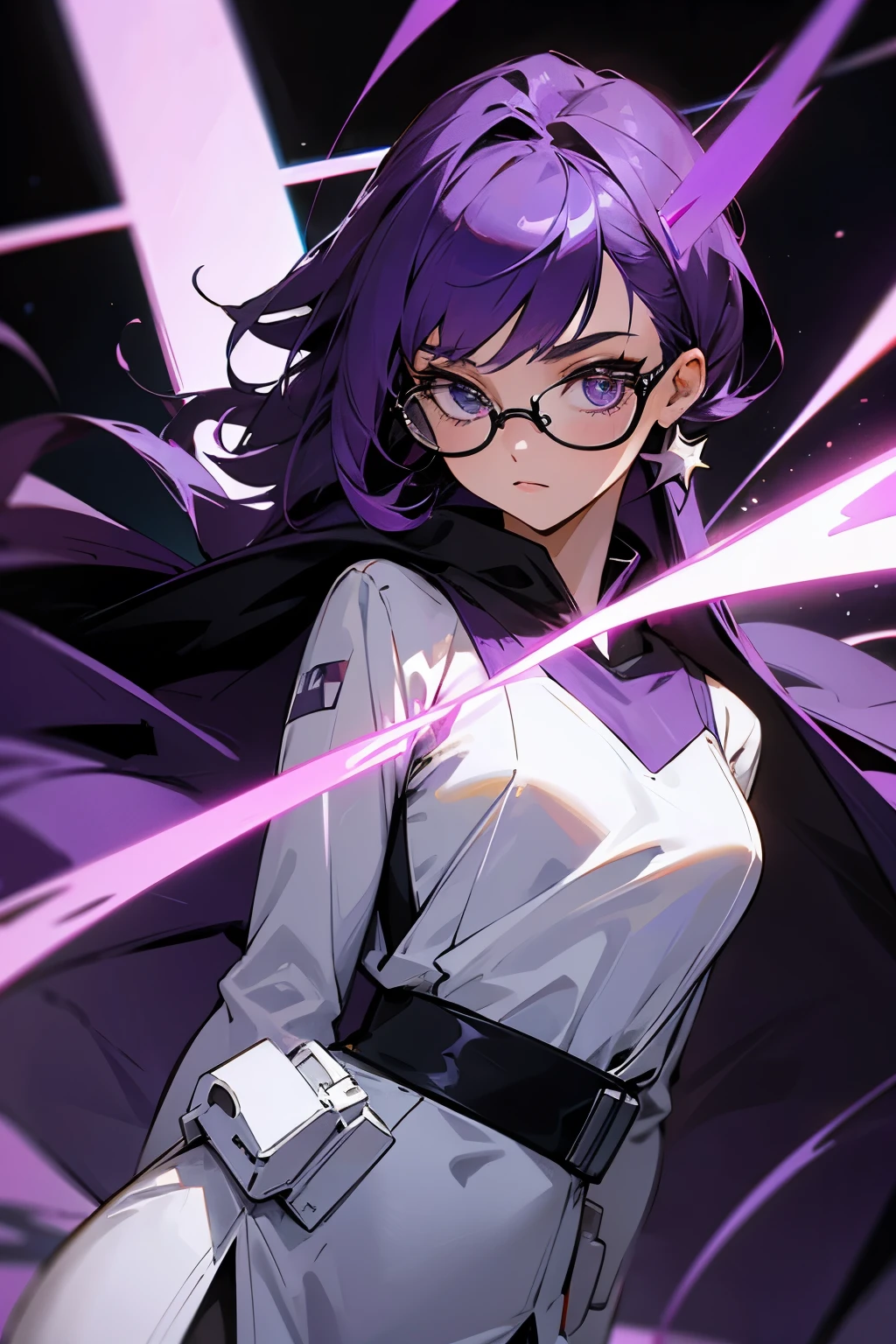 star wars, Purple violet hair, black and white outfit, glasses, female,