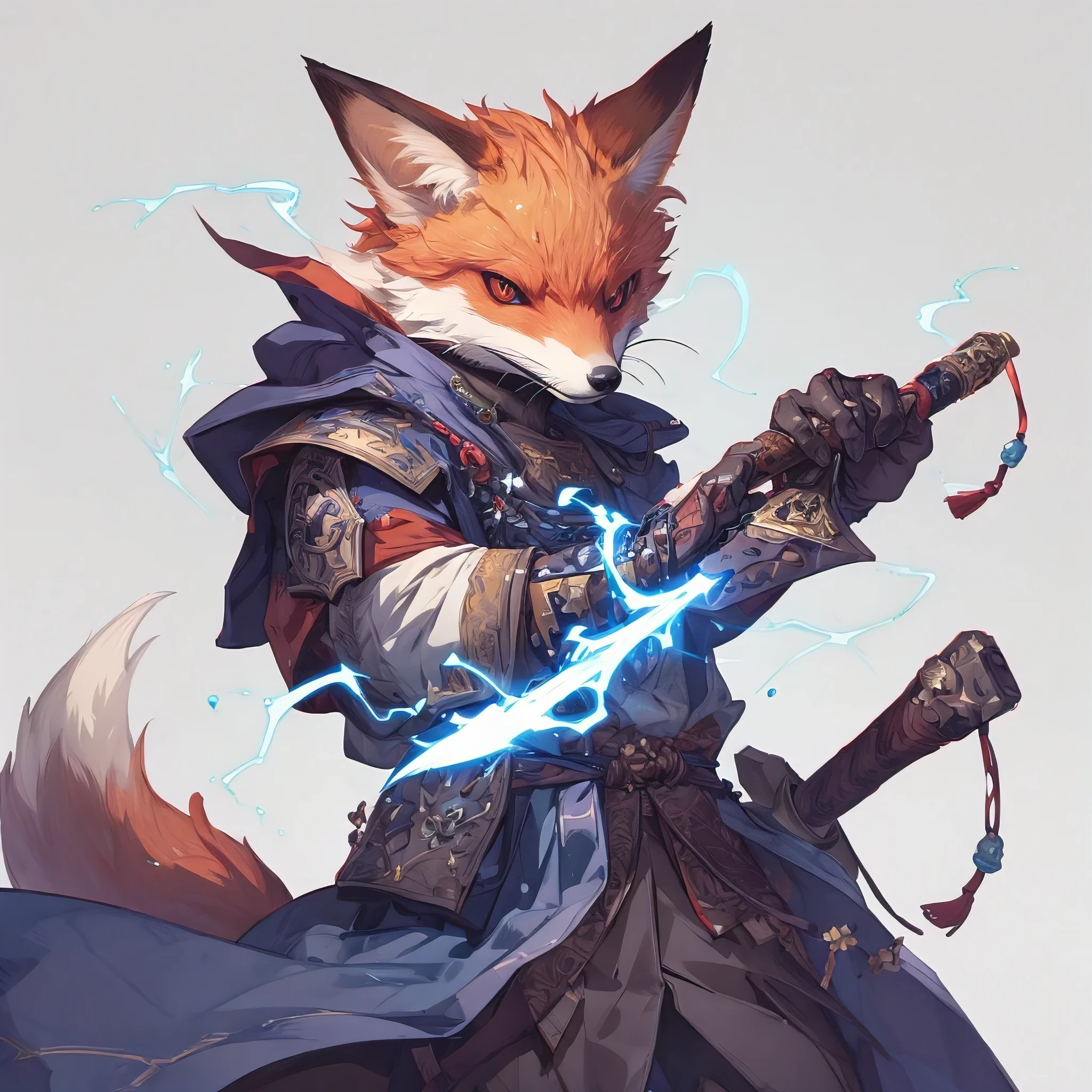 (masterpiece, best quality, photorealistic, ultra-detailed), DnD illustration. Game asset art illustration style. Japanese medieval fantasy. A fox rogue with some electric sparks around his dagger, clean lines, perfect illustration