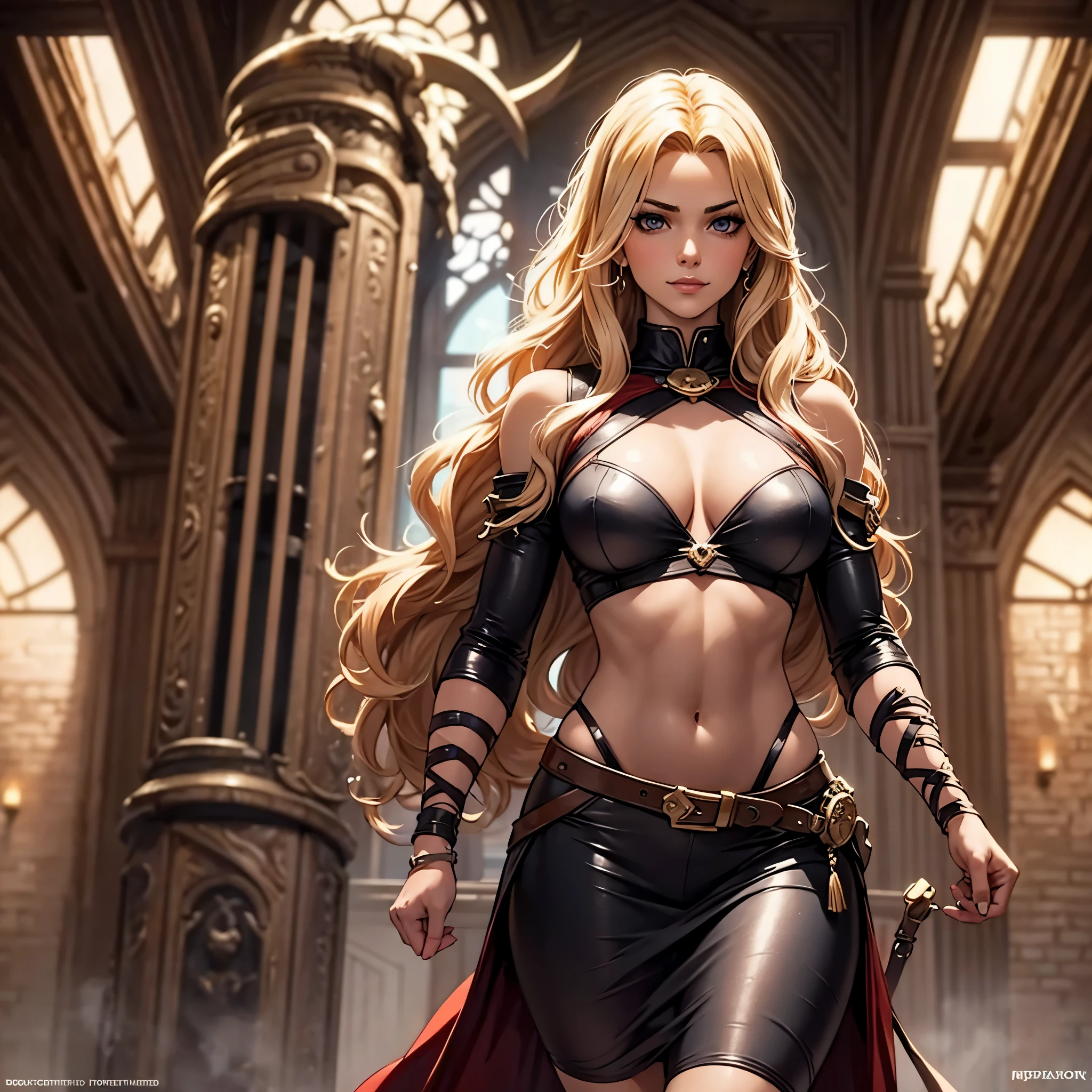 Masterpiece, highly detailed, insane resolution BREAK hot young woman, solo, European, beautiful Jessie rogers, long blonde wavy hair, fit, strong, lithe, big perky ??????? BREAK medieval fantasy setting, intense, confident, slightly smiling BREAK badass mage outfit, magical academy background