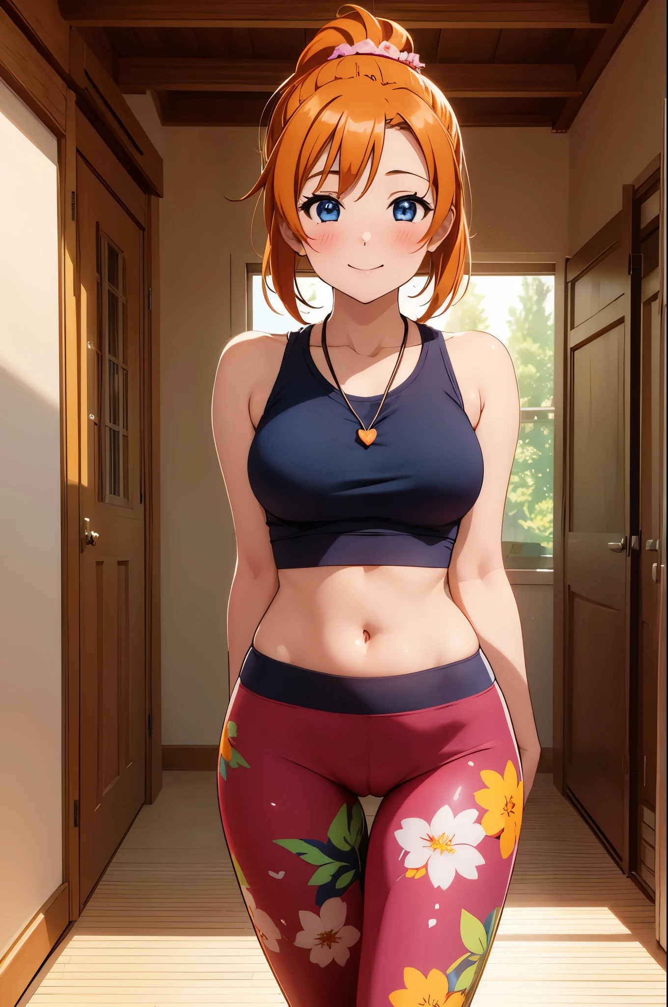 (Masterpiece, Best Quality, High Quality),(chibi), kousaka honoka, orange hair,low ponytail, blue eyes, volumetric lighting, illustration, beautiful, tight , Blushing, breasts, looking at viewer, fruits printed tank top, yoga pants,solo, curvy body, fruits print, looking to the side, confident, seductive smile, (arms behind back, head tilt:1.1), heart pendant,perfect lighting, perfect shadows, flower, (breathtaking scenery:1.1), tree, blushing