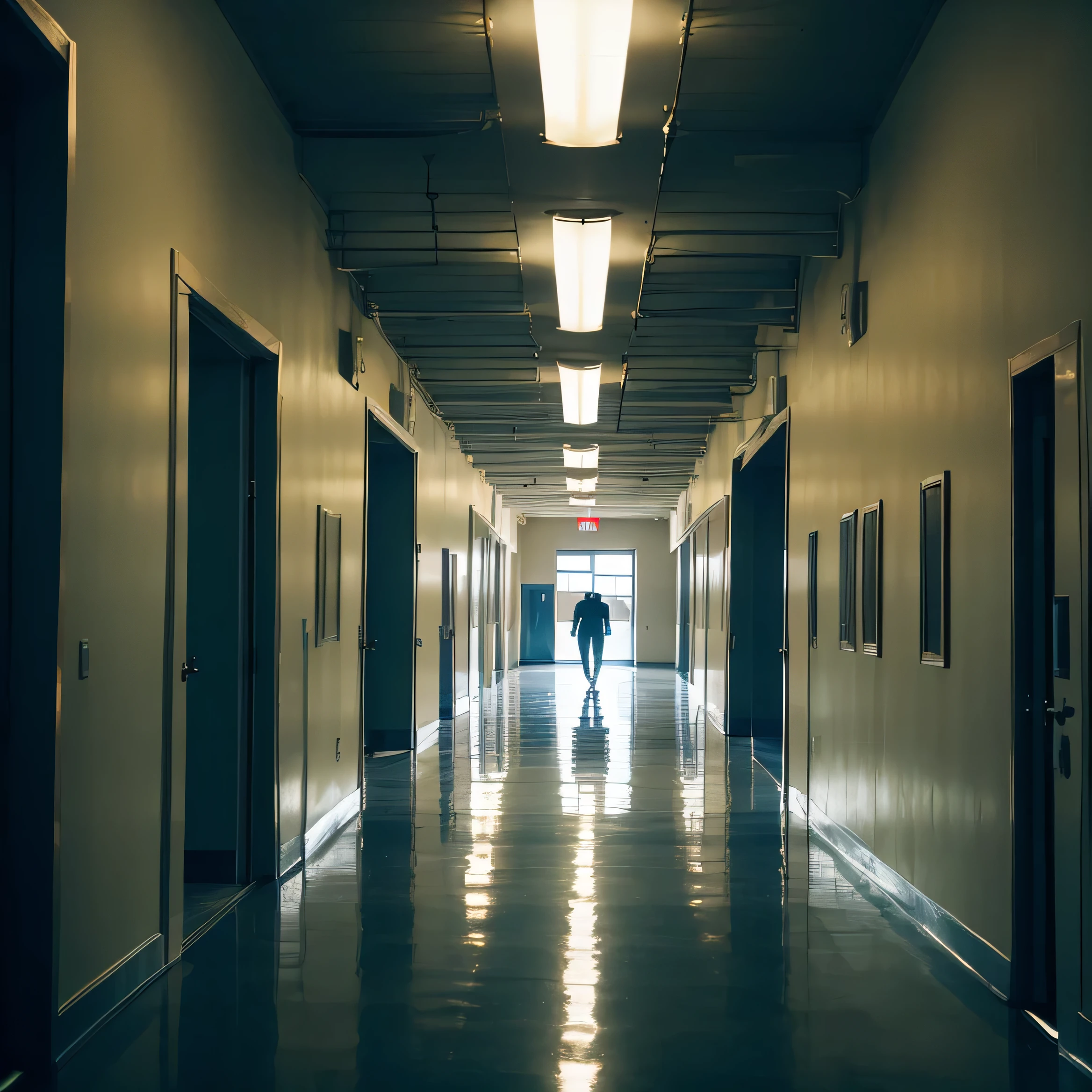 (masterpiece, Best Quality, Highly detailed, Convoluted), Training room hallway ,Cinematic composition, Beautiful lighting