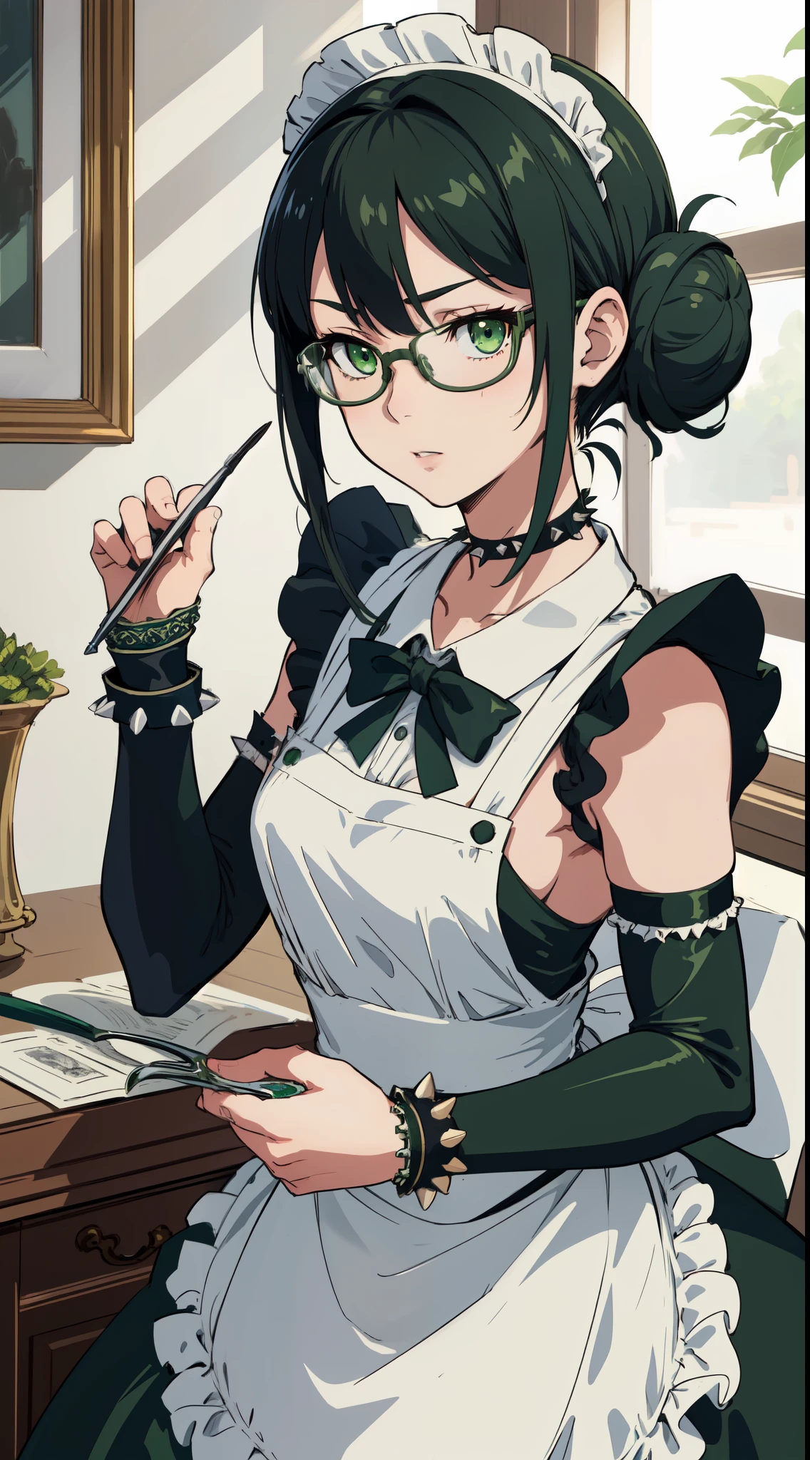 highres, sharp focus, pixiv masterpiece, ((intricate details)), highly detailed, yuri alpha, 1girl, black hair, (green wristband, green gauntlets, spikes,:1.1) glasses, green eyes, maid, single hair bun, dress, choker, bowtie, maid apron, 