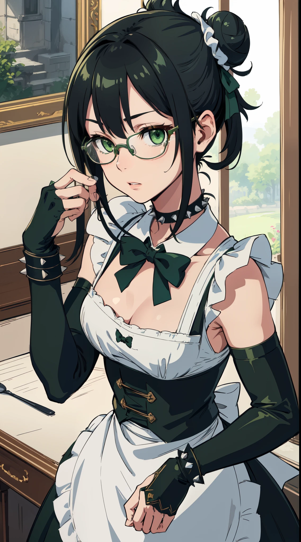 Adult guy, short dark green hair, cat ears, high ponytail, cyan eyes, combat kimono, left chest and left arm open, tattoos, fan, serious look, bow, masterpiece, high quality