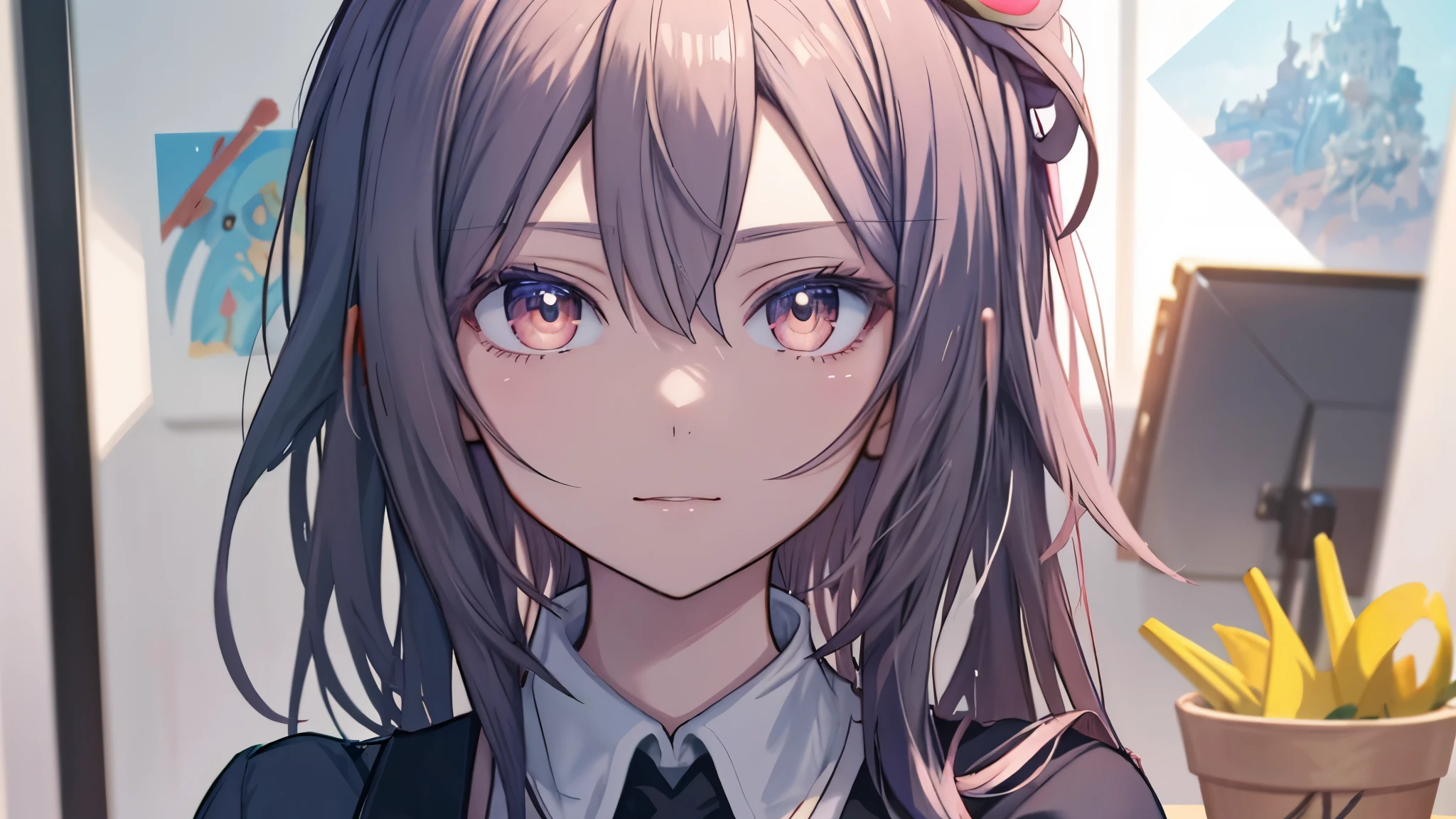 Anime girl with long hair and a bow in a room - SeaArt AI