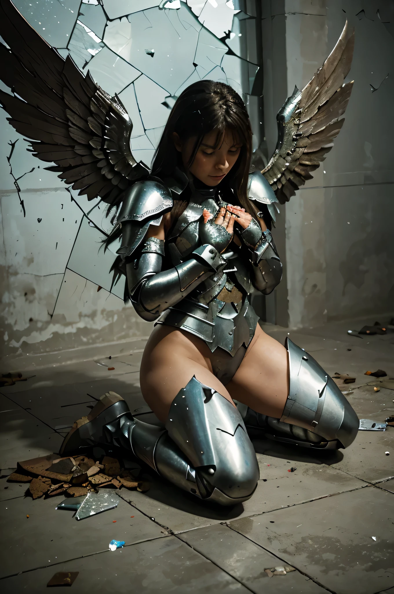 armored Angel warrior with big wings kneeling looking defeated, ground covered in shattered glass