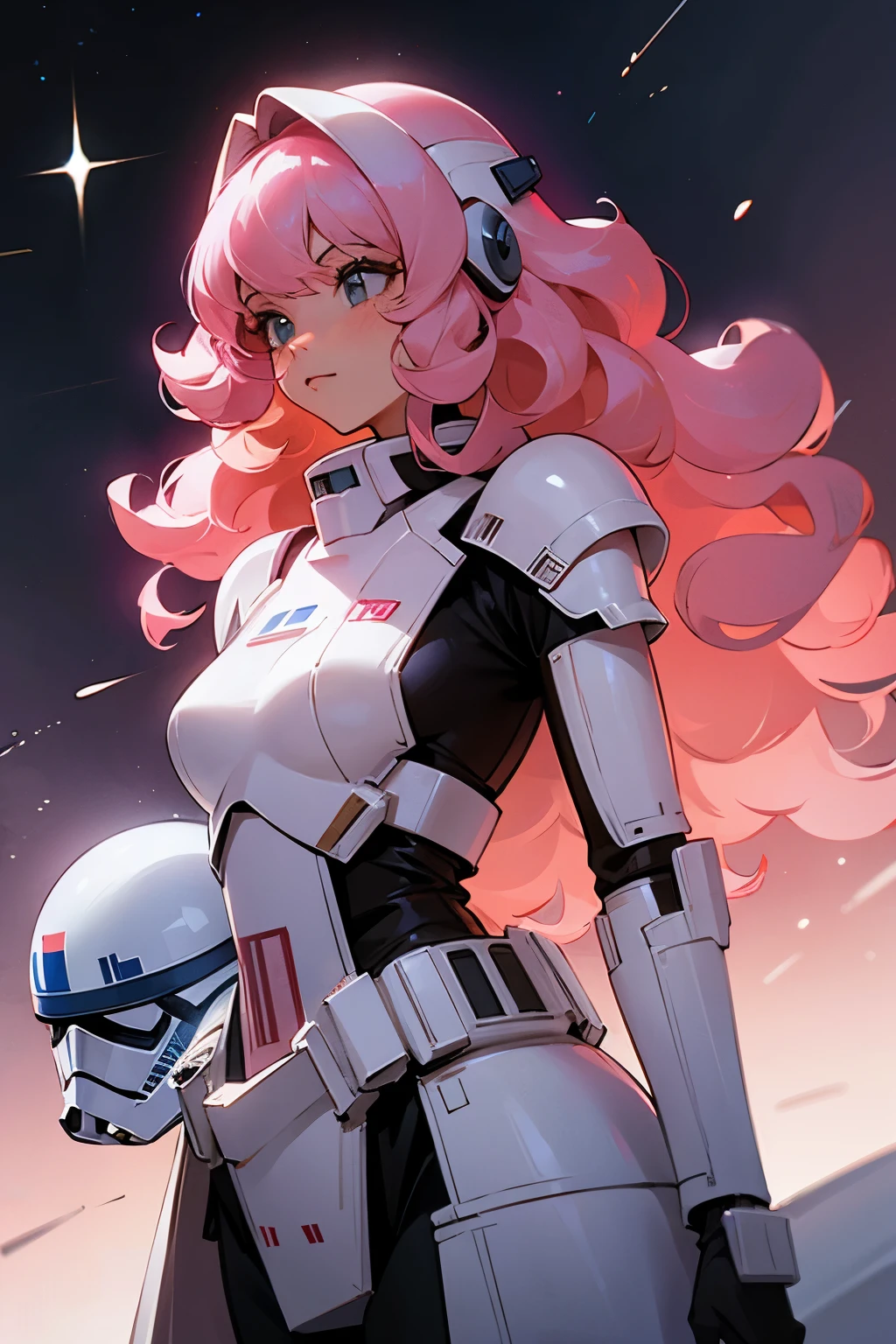 star wars, helmet, light pink hair, curly hair, female, lean,