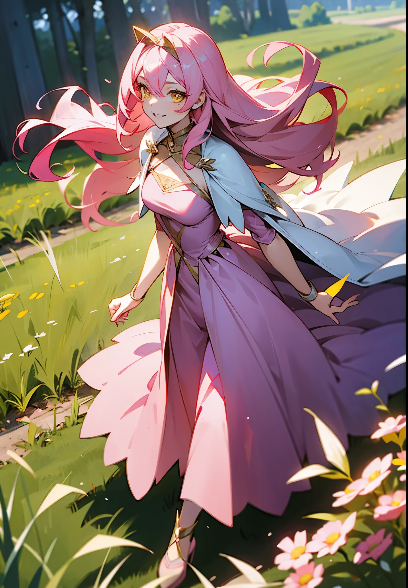 1Female, Adult, Yellow Eyes, Pink Hair, Long Hair, Gown, Hairpiece, Field, Walking on Path, Smile