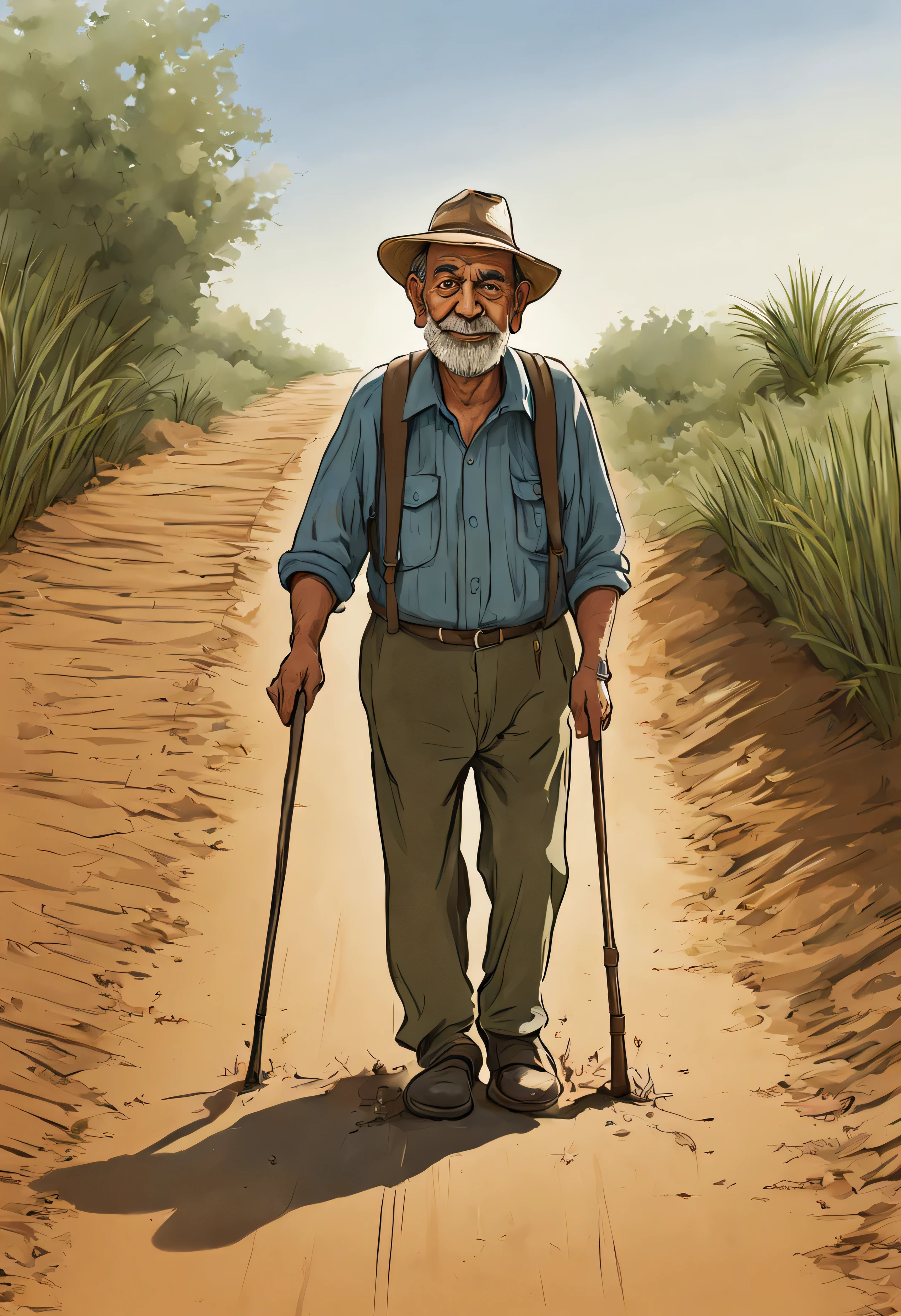 cartoon illustration of a man walking along a dirt road with a cane,olha a camera, Michel Whelan, darrell k doce, por Ben Zoeller, por David B.. Mattamente, agricultor, rob mcnaughton, Direction: Krzysztof Boguszewski, por Pedro Pedraja, by José Comas Quesada, por Fred Ludekens