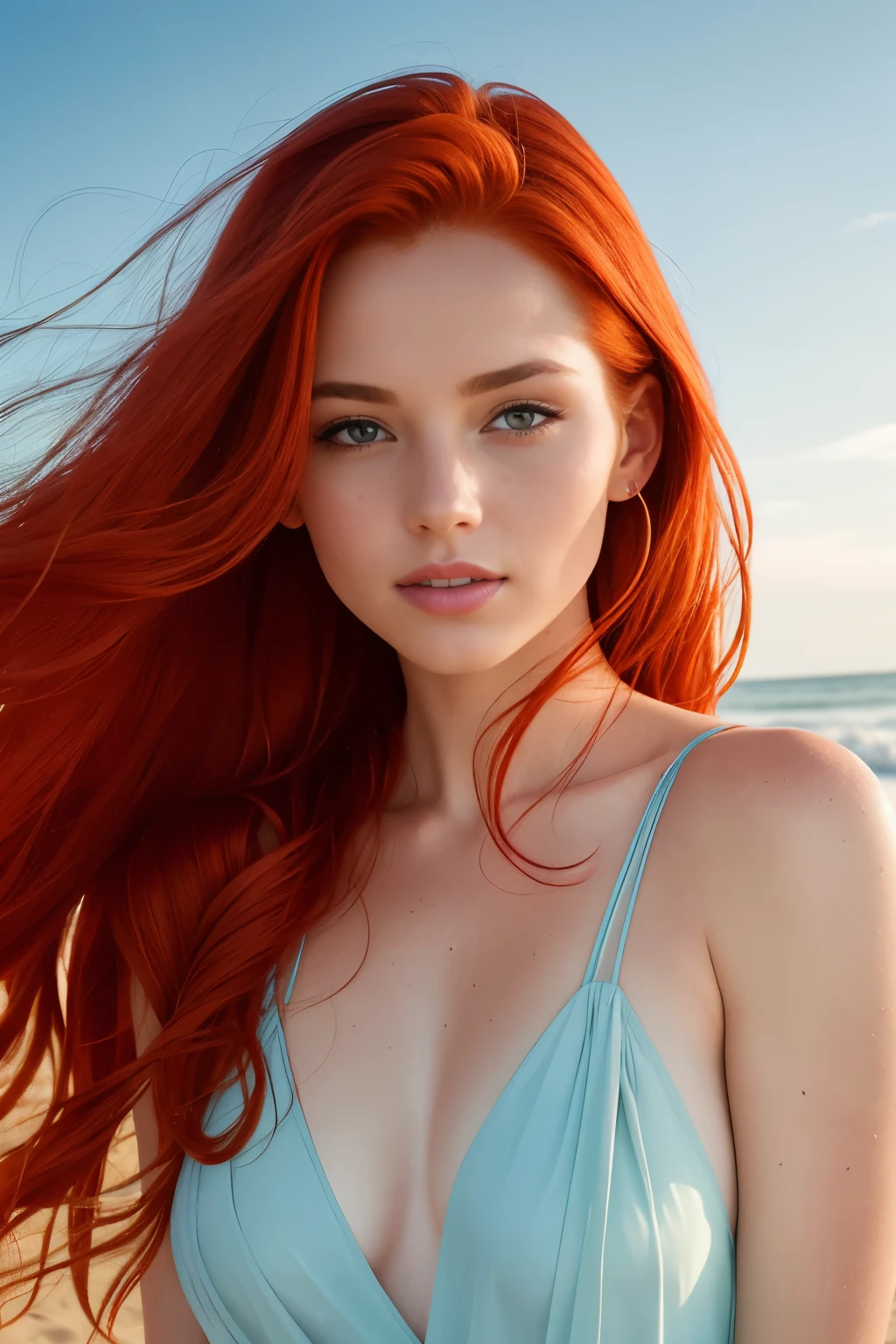 Photo of a stunning redhead woman, standing gracefully on the picturesque beach, showcasing her natural beauty. Her fiery red locks cascade down her back, adding a touch of enchantment to the scene. The portrait captures her expressive face with meticulous attention to detail, highlighting her unique facial features. Her porcelain-like skin, delicately adorned with freckles, radiates a gentle luminosity. Wrapped in a flowing sheet, she exudes an ethereal aura amidst the serene backdrop of the beach. The soft, cool color palette of the image creates a soothing ambiance, complemented by the gentle touch of moisture in the air. Reflectors strategically placed enhance the masterpiece, ensuring that every element is perfectly proportioned and flawlessly realistic. This extraordinary photograph was expertly