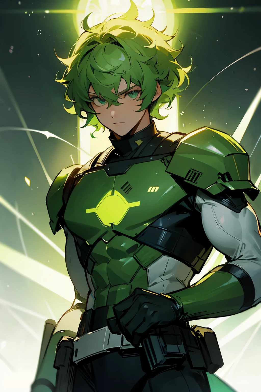 star wars, helmet, Luminous green hair, curly hair, male, muscular,