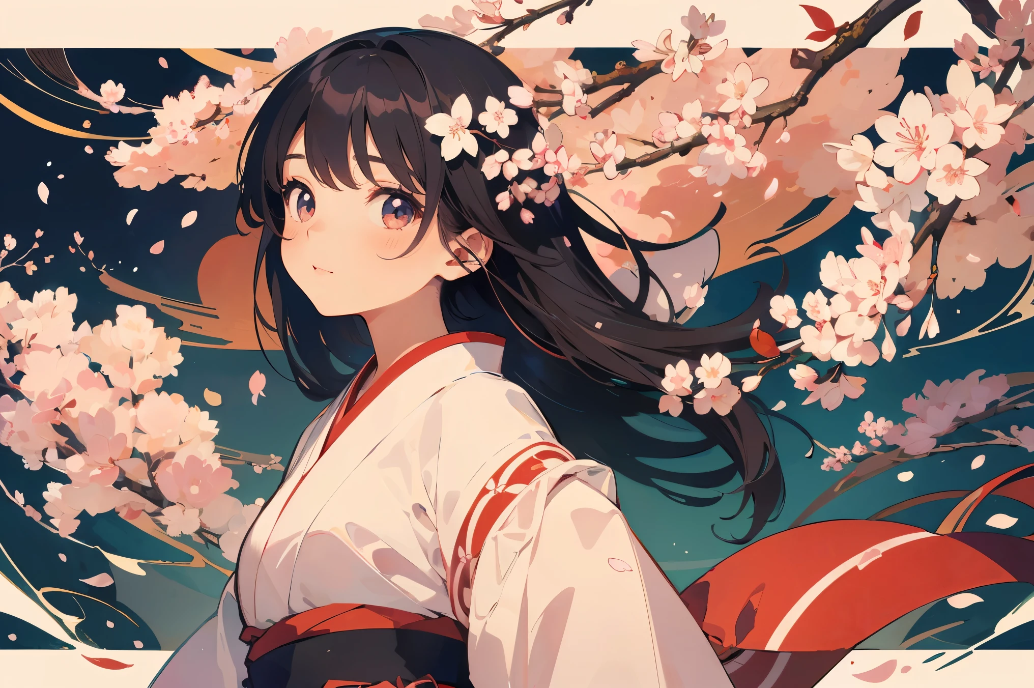 Masterpiece, Best Quality, Illustration, 1 Girl, The Sakura Maiden,Cherry Blossoms, Flat Colors, Line Art, Abstract, beautiful,Japanese Themes