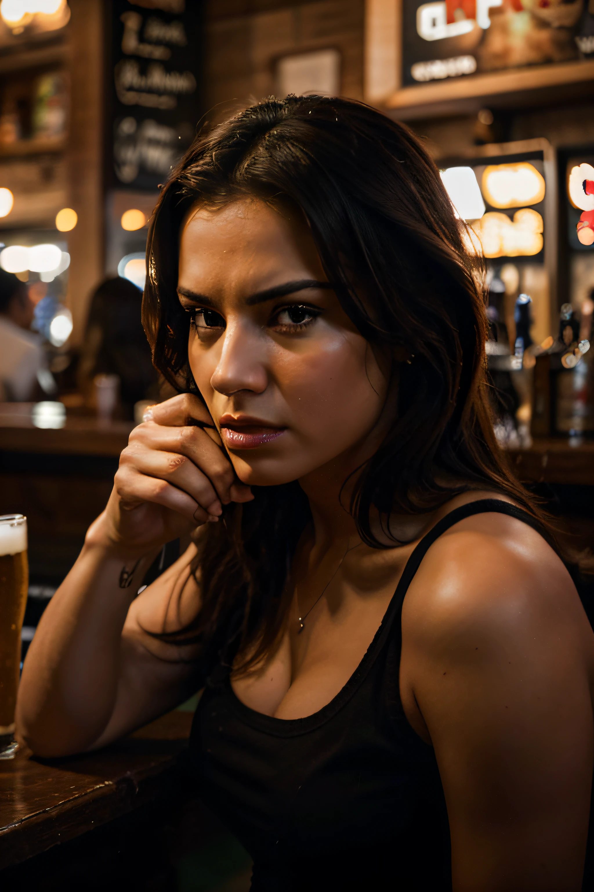 uma mulher bonita zangada no bar bebendo cerveja, cinematic,ultra realistic