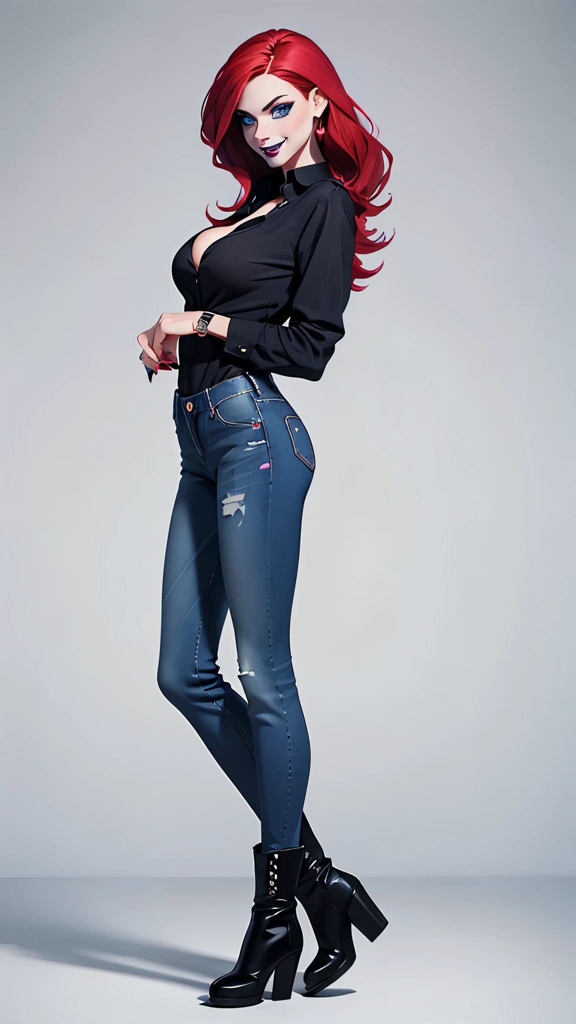 woman, tall, slender body, blue eyes, mouth with black lipstick, large , tight blue jeans, tight black blouse with a pink skull design on the front, black high boots, full body image, standing, smile on her face , red hair, black painted fingernails, white background