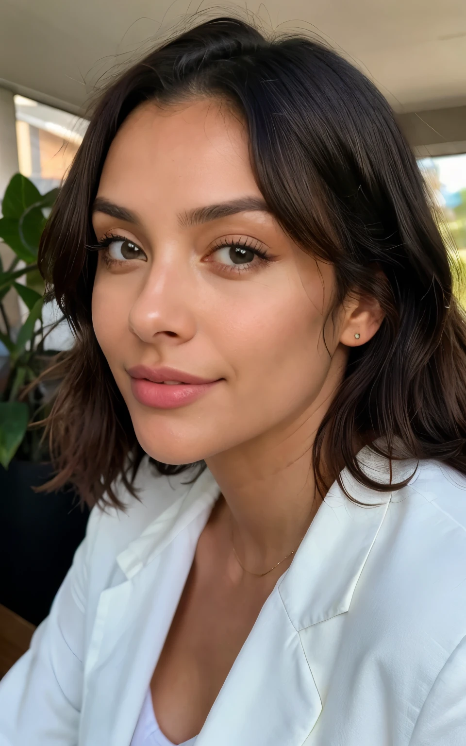 Linda morena vestindo um blazer bege (in a cafe drinking soda), Muito detalhado, 38 anos de idade, rosto inocente, natural wavy black hair long medium brown eyes, high resolution, obra de arte, melhor qualidade, detalhes altos e intrincados, altamente detalhado, sharp focus, pele detalhada, realistic skin textura, textura, olhos detalhados, profissional, 4k, sourire charmant, filmado em Canon, 85mm, profundidade superficial de campo, Kodak Vision Colors, corpo em forma perfeita, extremamente detalhado, fotografiar_\(ultra\), fotorrealista, Realista, after treatment, maximum details, rugosidade, Vida real, ultra realist, fotorrealismo, fotografia, 8k hd, fotografia