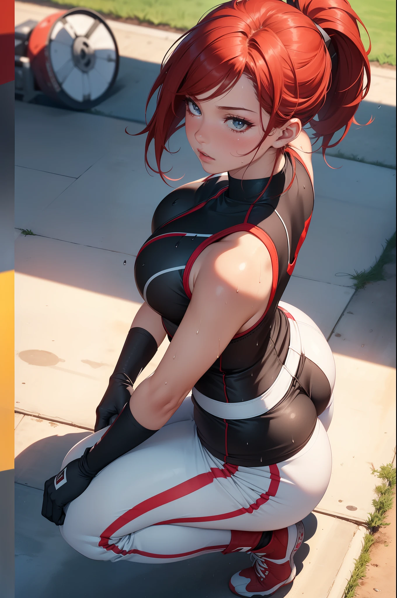 (masterpiece, 4k, best quality), photorealistic, cinematic, 1 girl, medium red hair, (((close up shot, front view, from above:1.5))), (((crouching))), perfect anatomy, curvaceous body, alluring, perfect eyes, detailed eyes, ((lips slightly parted:1.5)), medium-sized breasts, round ass, round legs, (((sweaty body))), sweaty skin, shiny skin, blushing, a determined female baseball pitcher, (((she wears a fitted and wet sleeveless team jersey with her last name 'Smith' on the back))), the jersey is paired with white baseball pants that have red piping down the sides, (((she wears a black glove on her left hand))), poised for a powerful pitch, her cap bears the team logo, casting a slight shadow over her focused eyes, behind her, the pitching mound rises, and in the distance, a sunlit stadium full of cheering fans sets the scene, extremely detailed Artgem, IG model, alena aenami and artgem, krenz cushart and artgem, artgem and atey ghailan