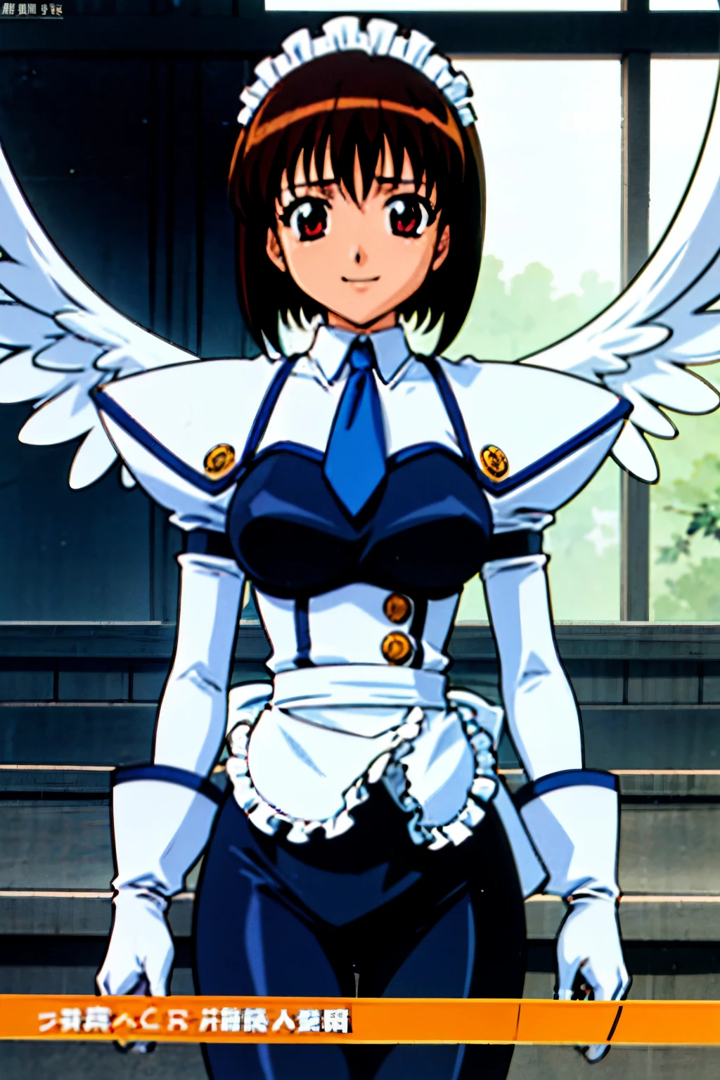 highest quality,ultra-be familiar with,High resolution,extremely be familiar with CG,unity 8k wallpaper,official art,be familiar with,super be familiar with skin,perfect anatomy,beautiful be familiar with eyes,((anime screenshot)),very delicate and beautiful,comics,90s anime,90s anime style,cel shad kotetsu_Angel_release,Fight_costume,apron,gloves,short hair, maid, maid headdress, bangs, chest, tie, waist apron, ,red eyes,, white gloves, dress, long sleeve, elbow gloves, 1990s (style), frills, Ascot, blue tie,white apron,medium chest,black_pantyhose,smile,