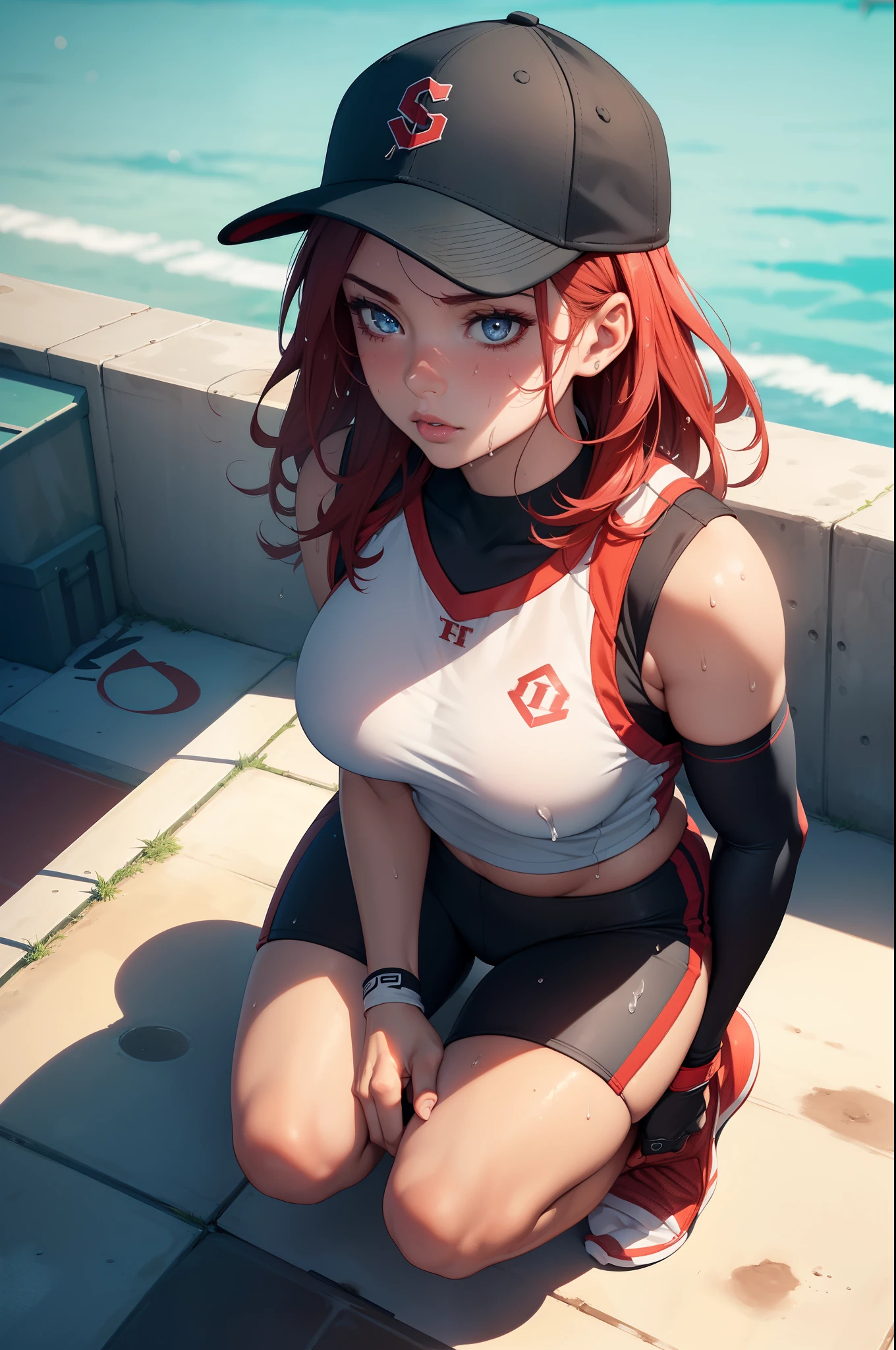 (masterpiece, 4k, best quality), photorealistic, cinematic, 1 girl, medium red hair, (((close up shot, front view, from above:1.5))), (((crouching))), perfect anatomy, curvaceous body, alluring, perfect eyes, detailed eyes, ((lips slightly parted:1.5)), medium-sized breasts, round ass, round legs, (((sweaty body))), sweaty skin, shiny skin, blushing, a determined female baseball pitcher, (((she wears a fitted and wet sleeveless team jersey with her last name 'Smith' on the back))), the jersey is paired with white baseball pants that have red piping down the sides, (((she wears a black glove on her left hand))), poised for a powerful pitch, her cap bears the team logo, casting a slight shadow over her focused eyes, behind her, the pitching mound rises, and in the distance, a sunlit stadium full of cheering fans sets the scene, extremely detailed Artgem, IG model, alena aenami and artgem, krenz cushart and artgem, artgem and atey ghailan