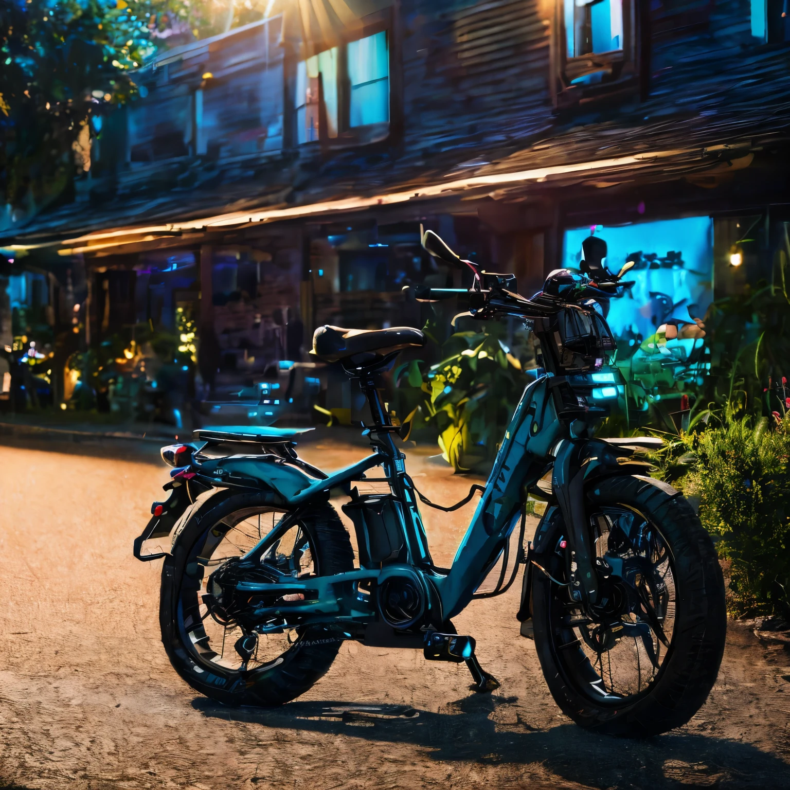 Electric bike red, steering wheel green, rainbow wheels, coloring the bike in rainbow colors, Beautiful, high quality rendering of details, the headlight shines with neon warm light, stands in the neon rays of the setting sun. Neon lights everywhere. Beautiful plants of rainbow colors grow along the road leading to the sun.. Beautiful rainbow in the sky. Highest rendering quality