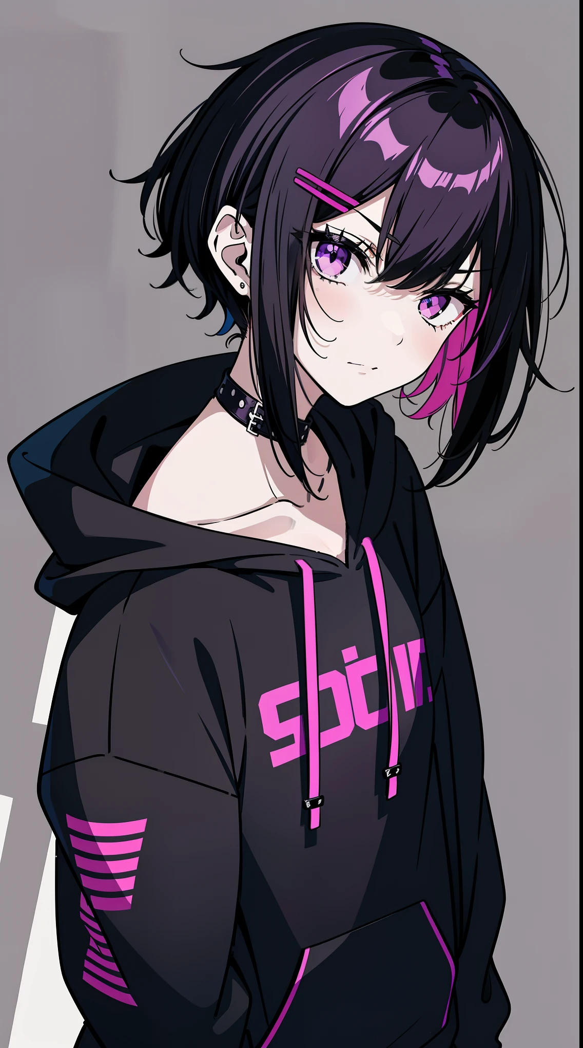 boy. thoughtful look. open forehead. black and purple hair tied in a bun on the left side to one side. sinuous black horns wrapped in dark purple ribbon. pale violet eyes. in short dark purple shorts. long white T-shirt. dark purple knee-high socks. dark purple long cloak with hood. ancient dark purple stone walls purple light from lamps on an old piano