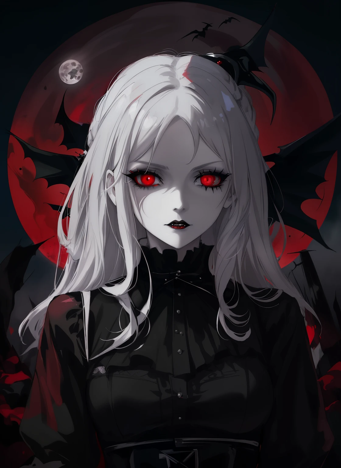 a woman with white hair and black clothes standing in front of a full moon, gothic maiden anime girl, androgynous vampire, vampire girl, 1 7 - year - old anime goth girl, gothic horror vibes, with red glowing eyes, gothic aesthetic, demon anime girl, beautiful vampire queen, ominous gothic aesthetic, with glowing red eyes, dark fantasy style art, dark vampire