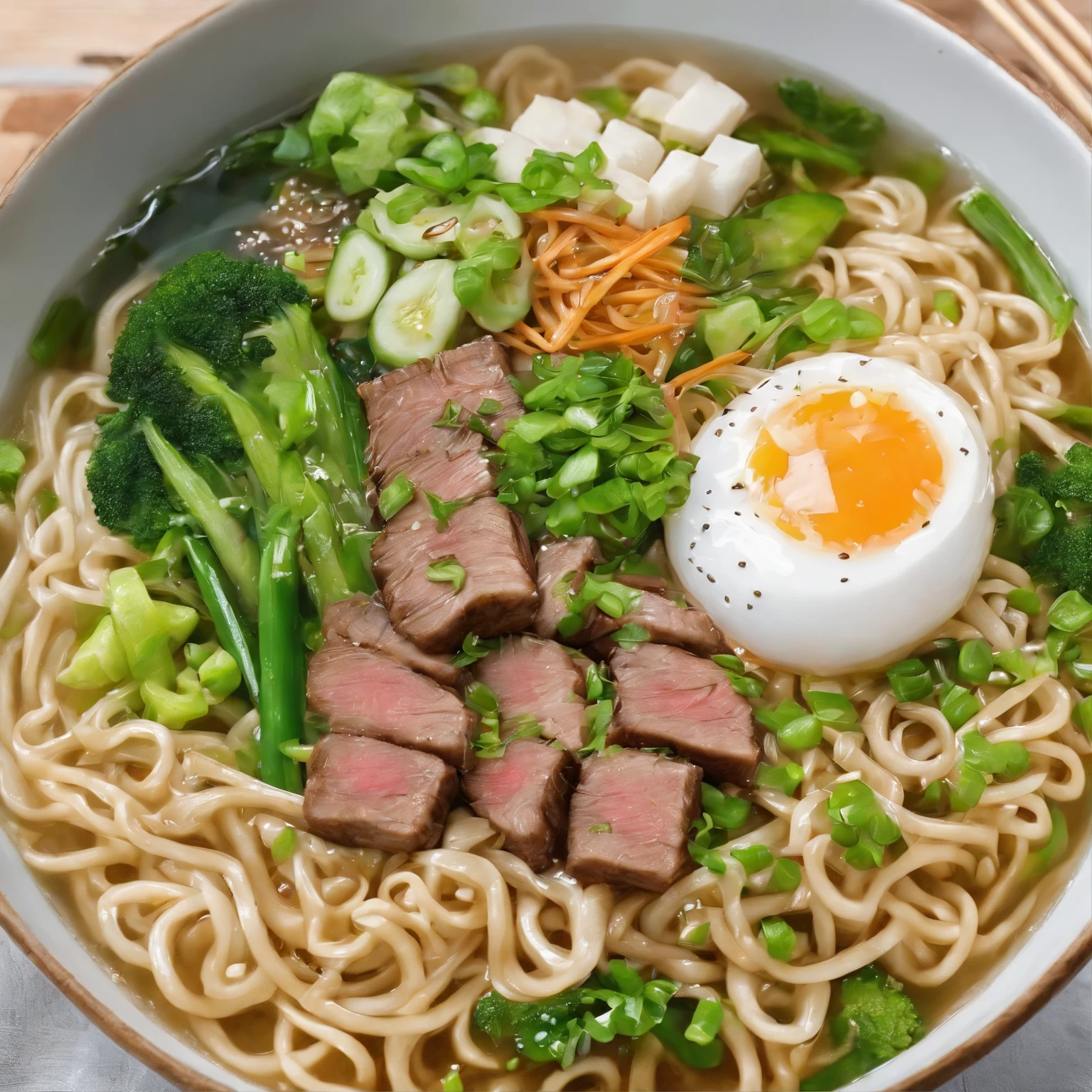 A bowl of beef noodles，fresh vegetables，The aroma of poached eggs fills the air，Sprinkle chopped green onion on the noodle soup，The taste of pepper is very strong，Sour bamboo shoots are crispy, tender and delicious，Fungus has a delicate taste，The tofu at the end tastes great，Noodles picked up with chopsticks。illustration