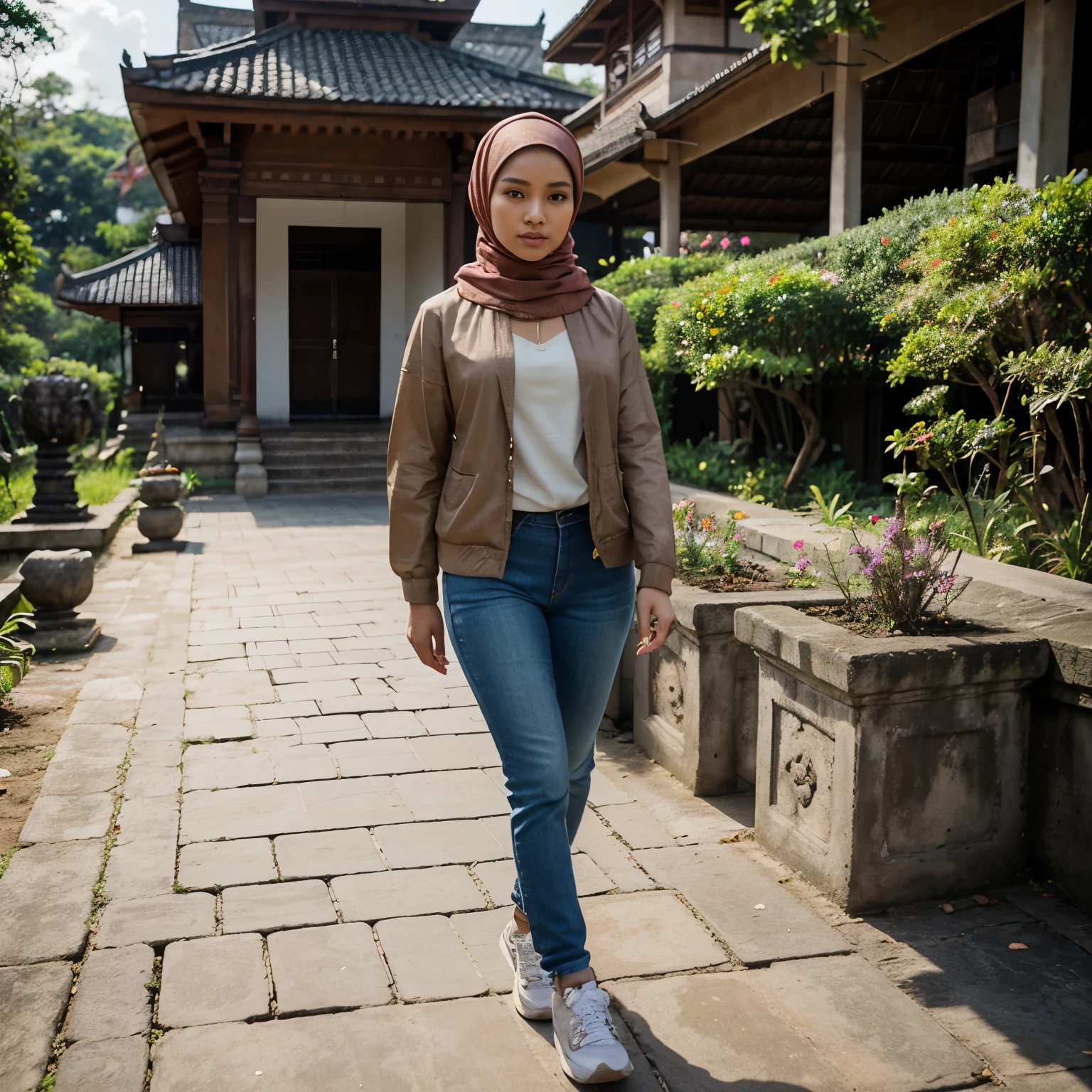 Generate realistic photo image; gorgeous Javanese woman; beauty super model woman; wearing hijab and brown short jacket; wearing blue jeans and sneakers ; walking toward; at the garden at the Bali Hindu Temple; high quality photo image; real photo image 