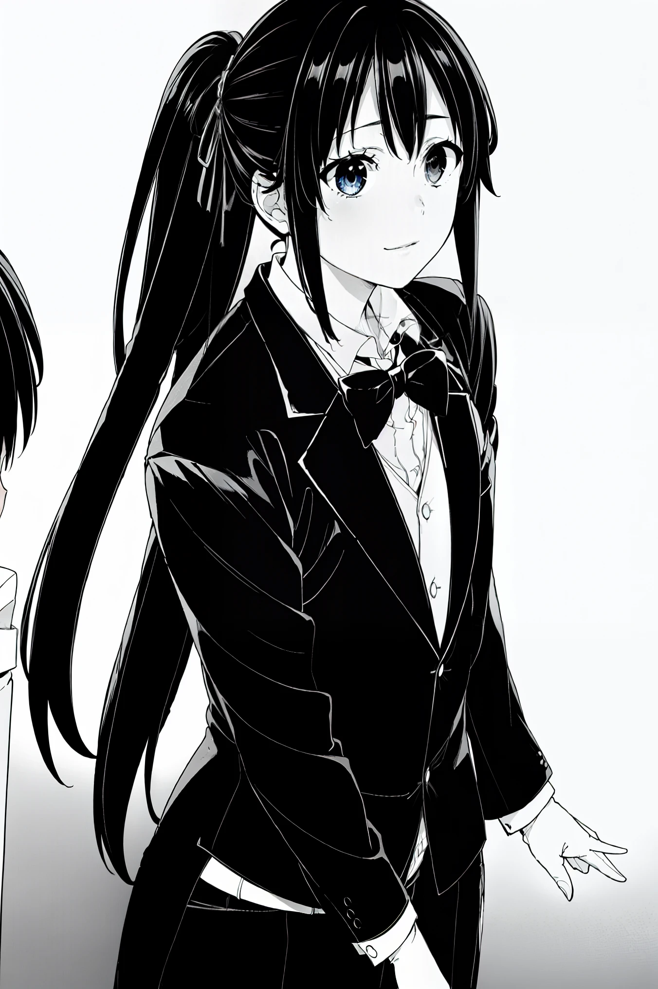 (masterpiece, best quality:1.2), 1girl, solo , yukinoshita yukino,b,classic black tuxedo,crisp tailored suit,sharp edges,perfectly fitted attire,sleek satin lapels,elegant bow tie,swagger,luxurious fabric